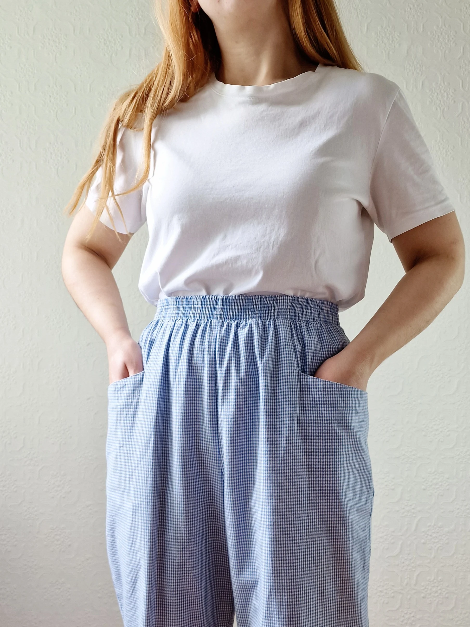 Vintage Blue & White Gingham High Waisted Cotton Trousers - M - Image 7
