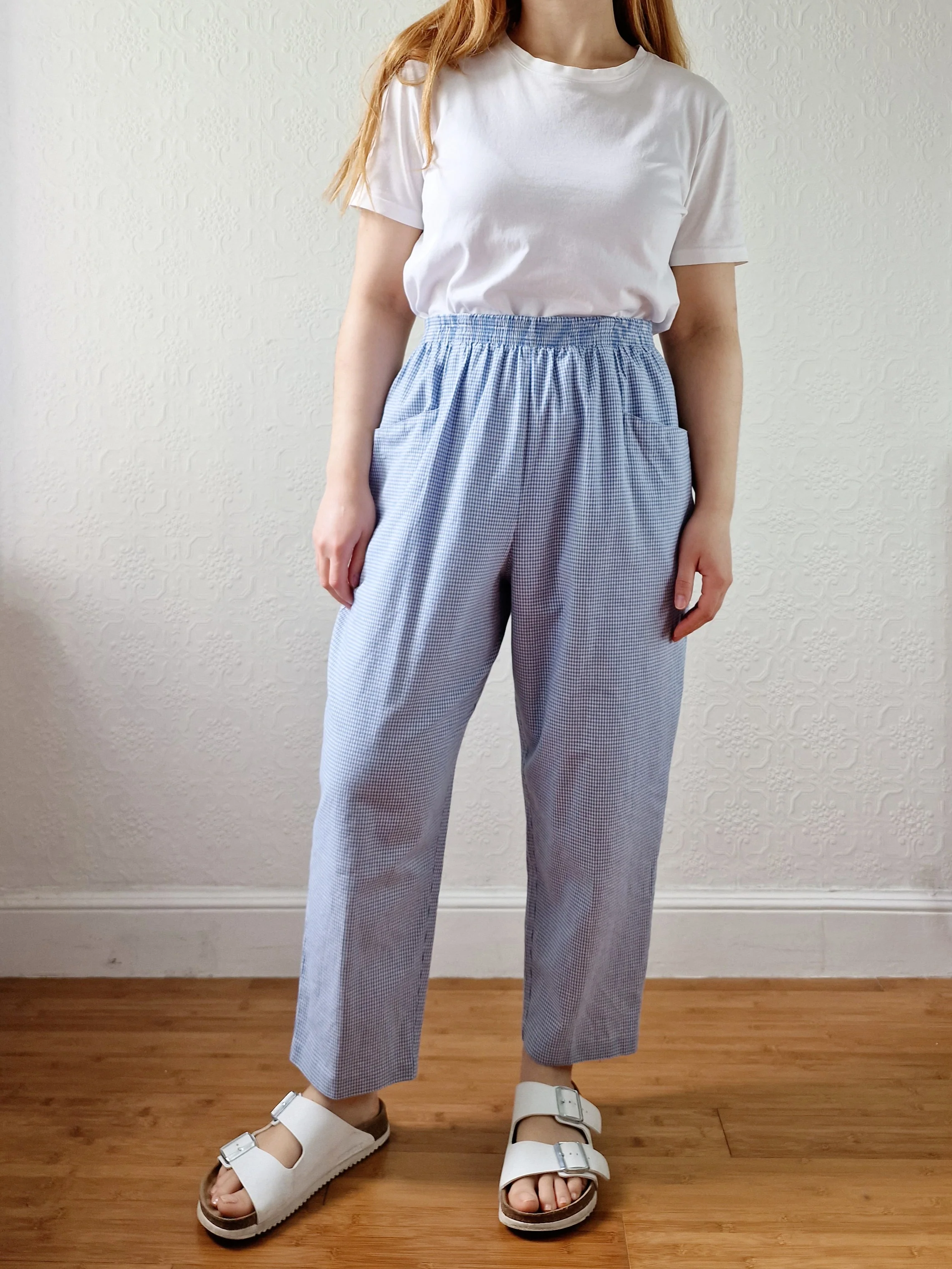 Vintage Blue & White Gingham High Waisted Cotton Trousers - M - Image 8