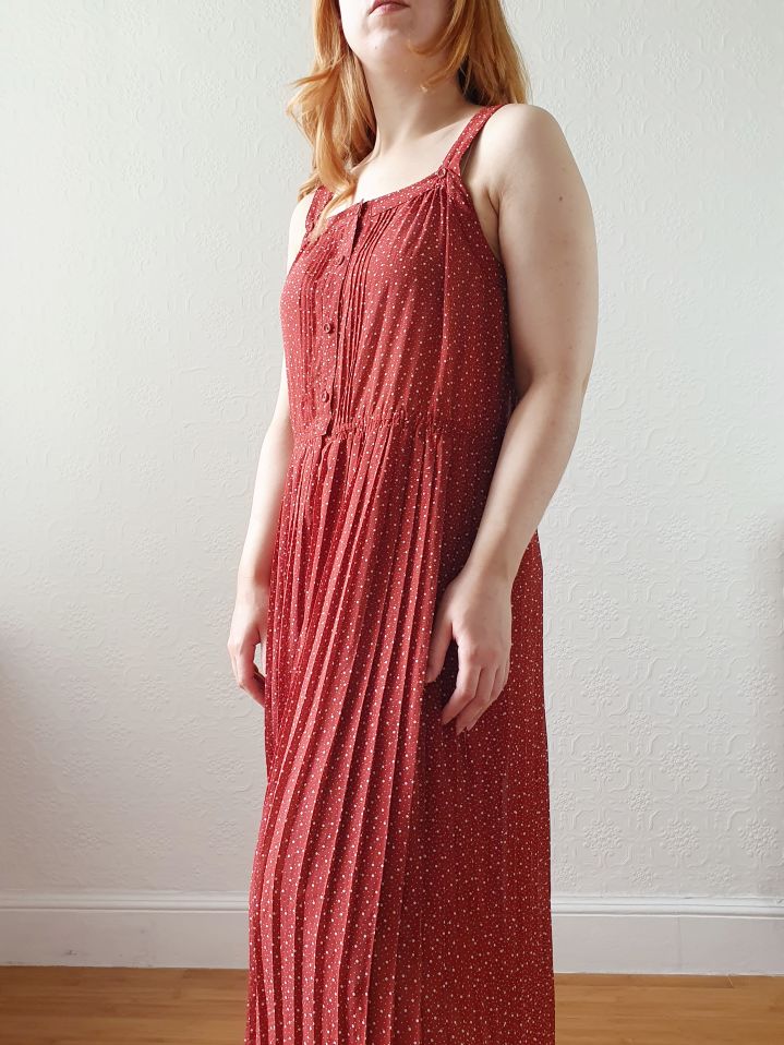 Vintage Brick Red Dotted Sleeveless Dress with Pleated Skirt - M - Image 11