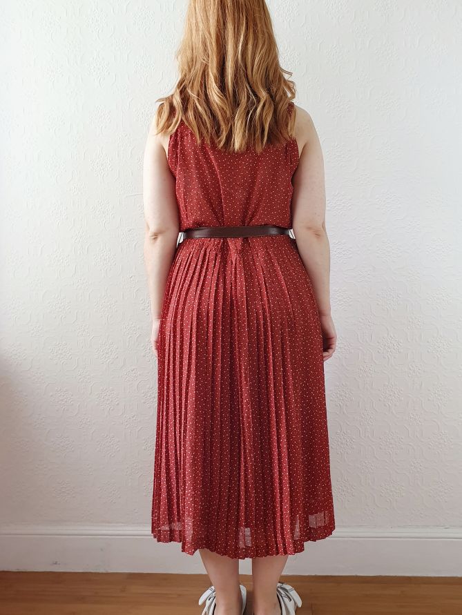 Vintage Brick Red Dotted Sleeveless Dress with Pleated Skirt - M - Image 3