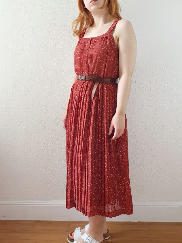 Vintage Brick Red Dotted Sleeveless Dress with Pleated Skirt - M - Image 6
