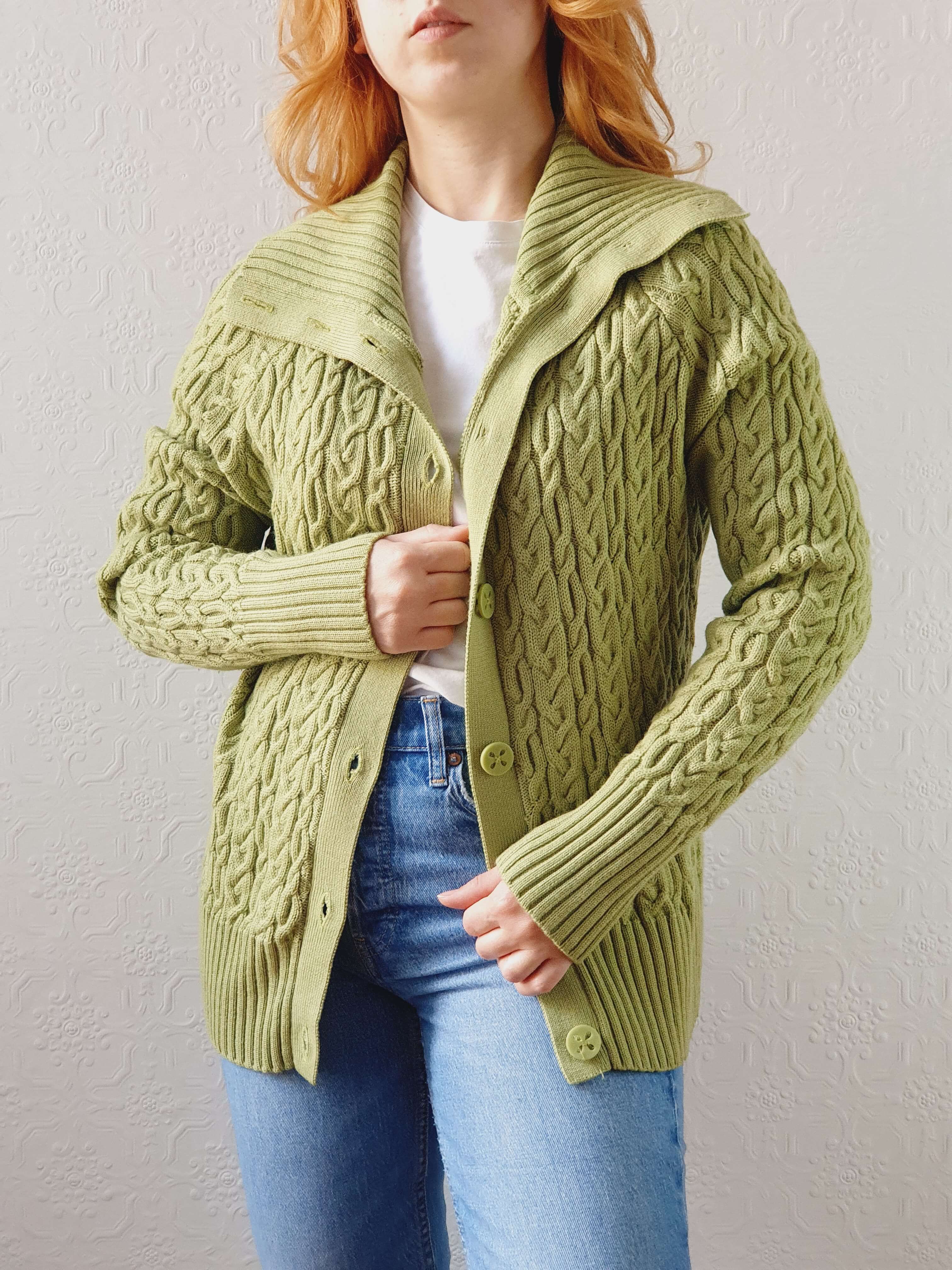 Vintage Bright Green Pure Merino Cable Knit Cardigan - L