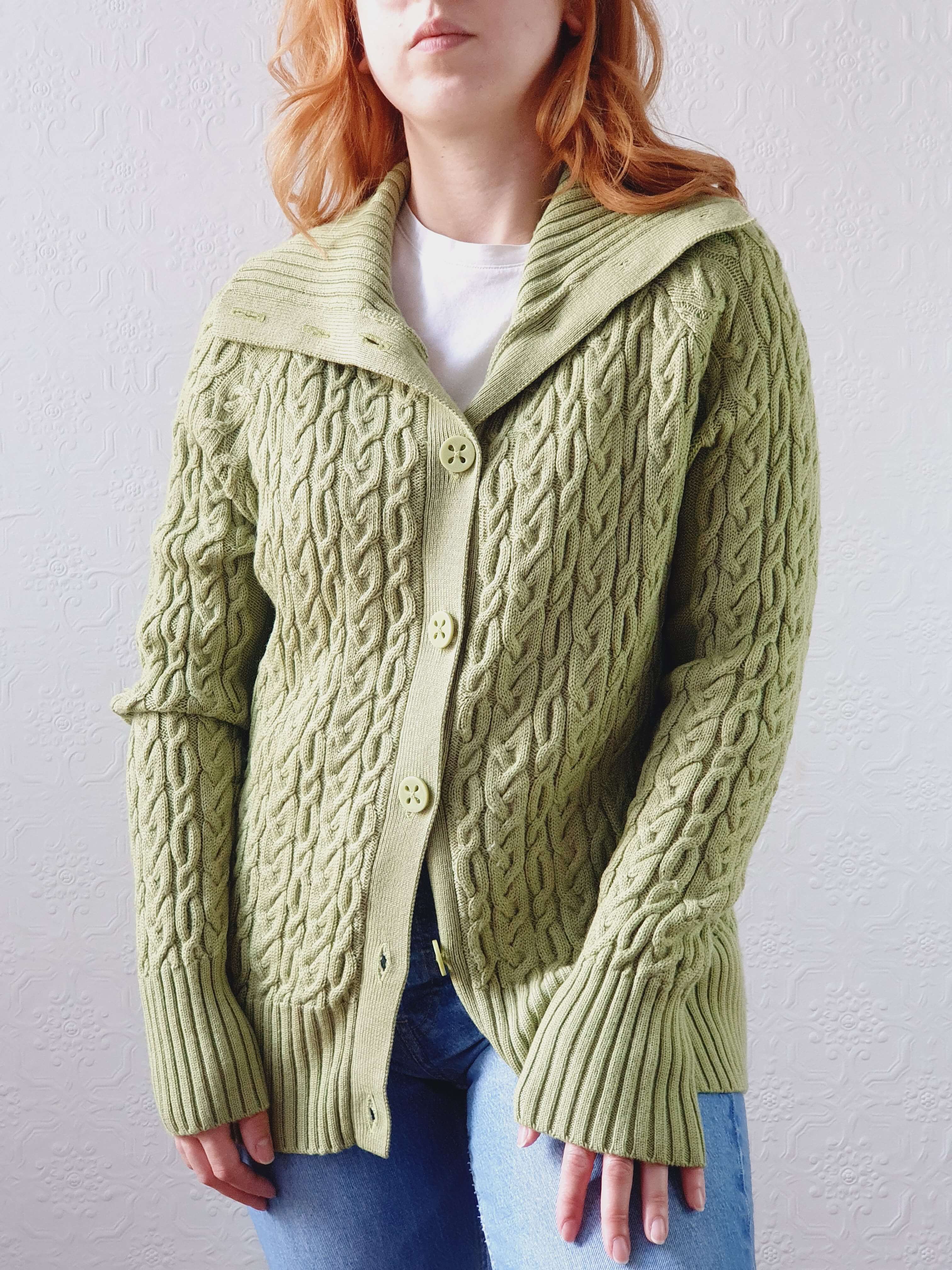 Vintage Bright Green Pure Merino Cable Knit Cardigan - L - Image 10