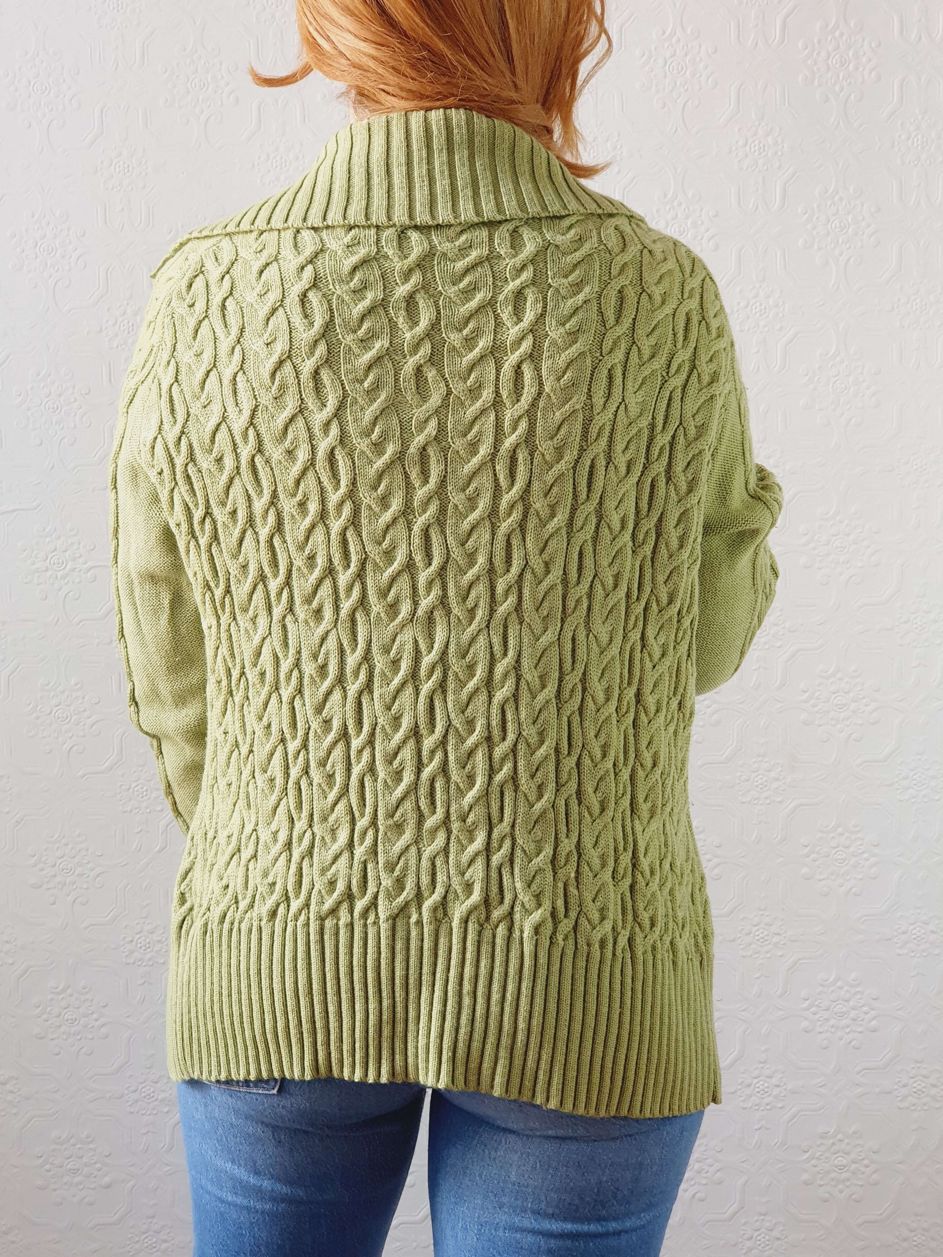 Vintage Bright Green Pure Merino Cable Knit Cardigan - L - Image 11