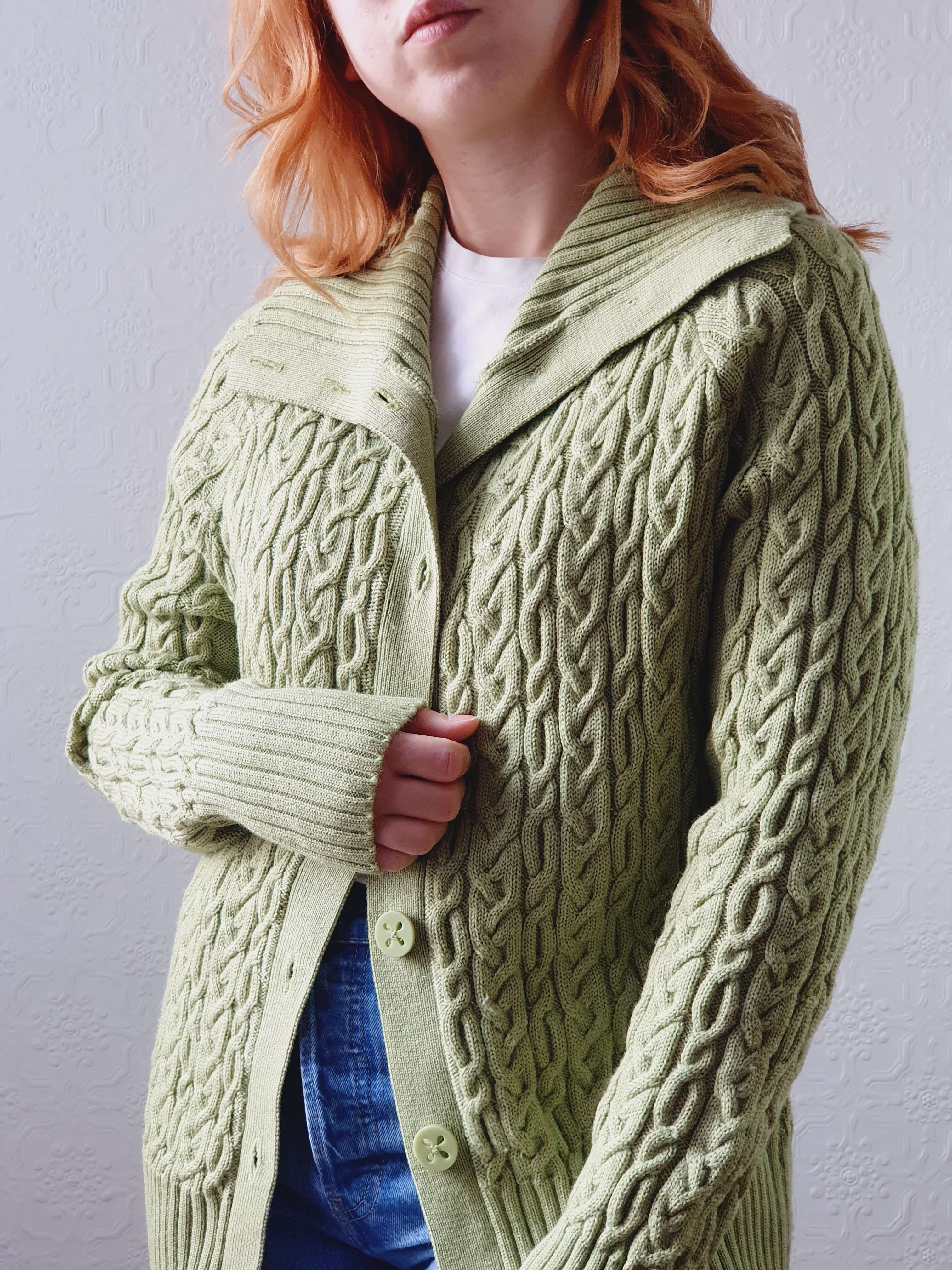 Vintage Bright Green Pure Merino Cable Knit Cardigan - L - Image 12