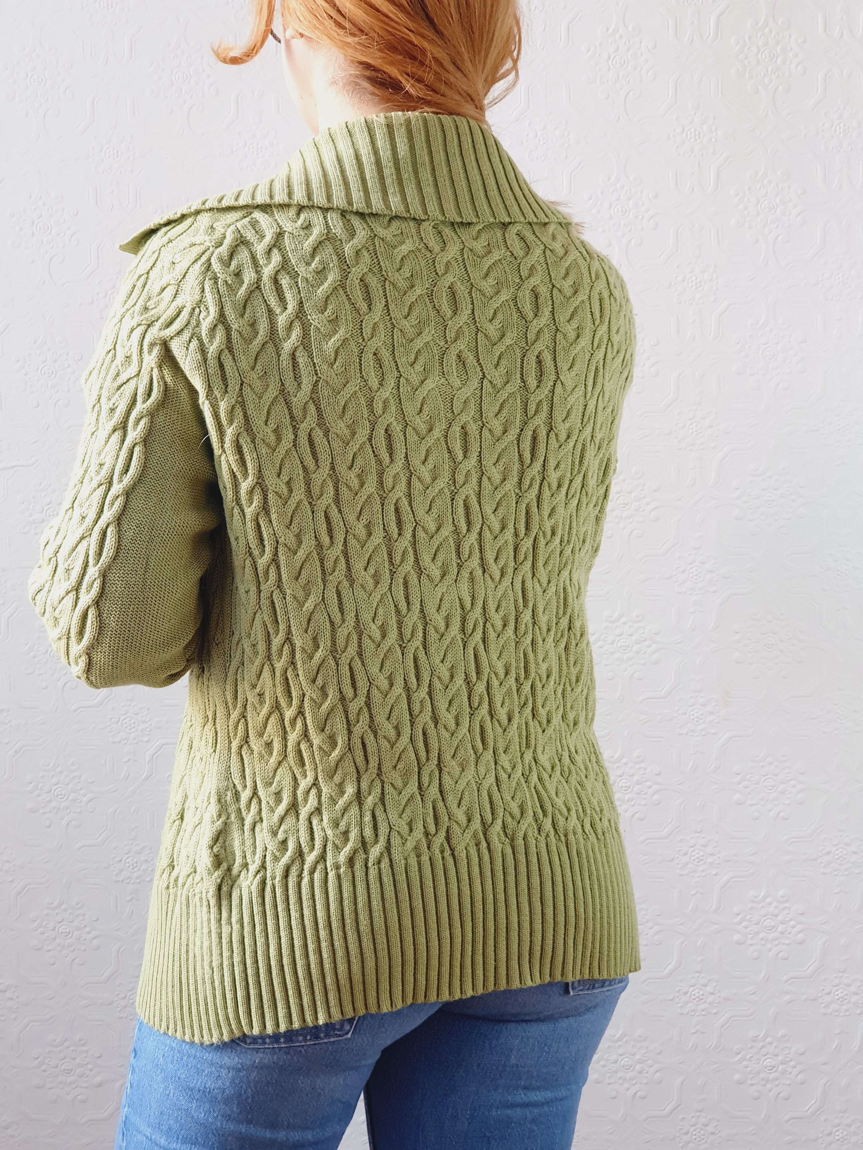 Vintage Bright Green Pure Merino Cable Knit Cardigan - L - Image 13