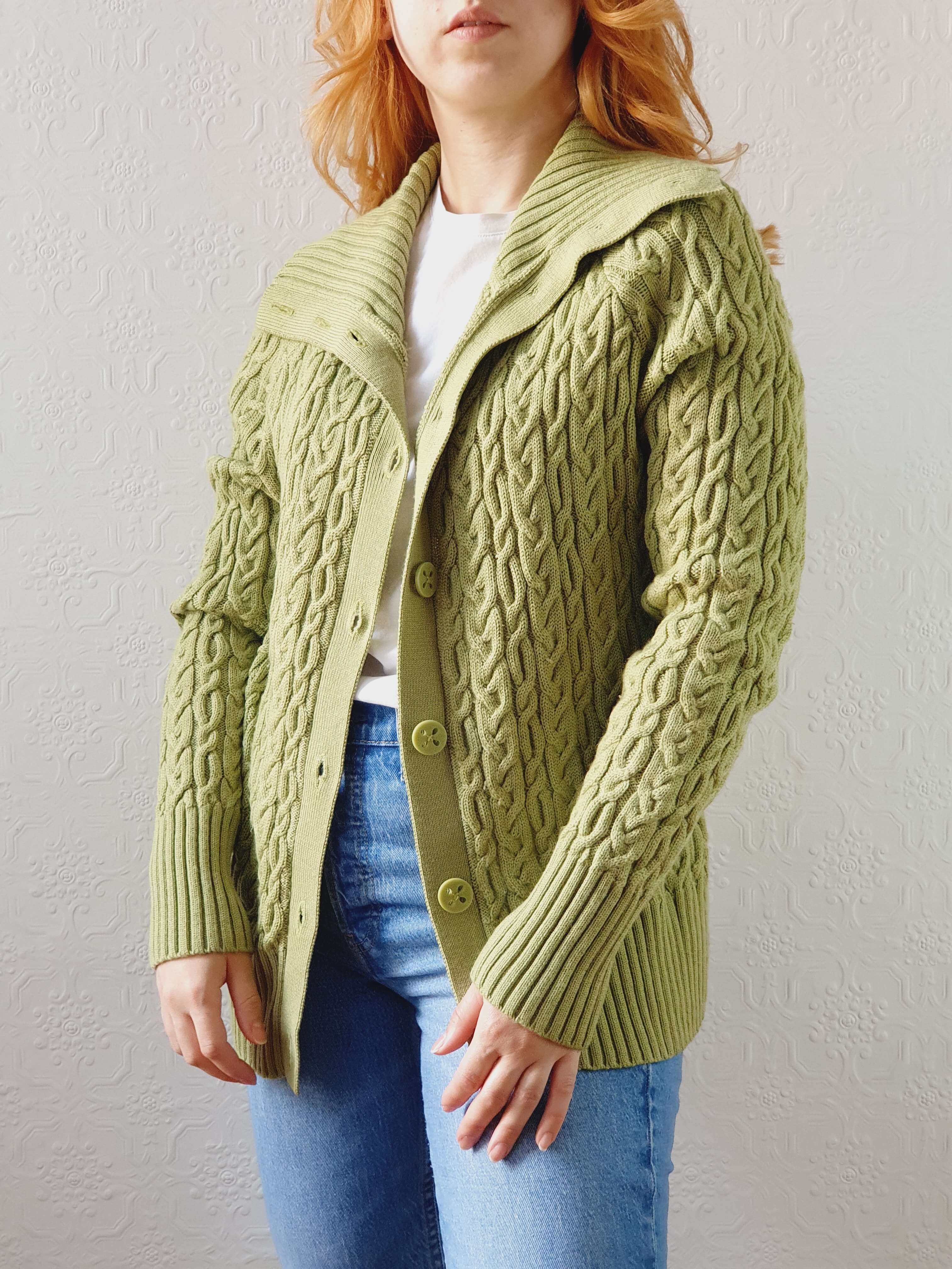 Vintage Bright Green Pure Merino Cable Knit Cardigan - L - Image 2