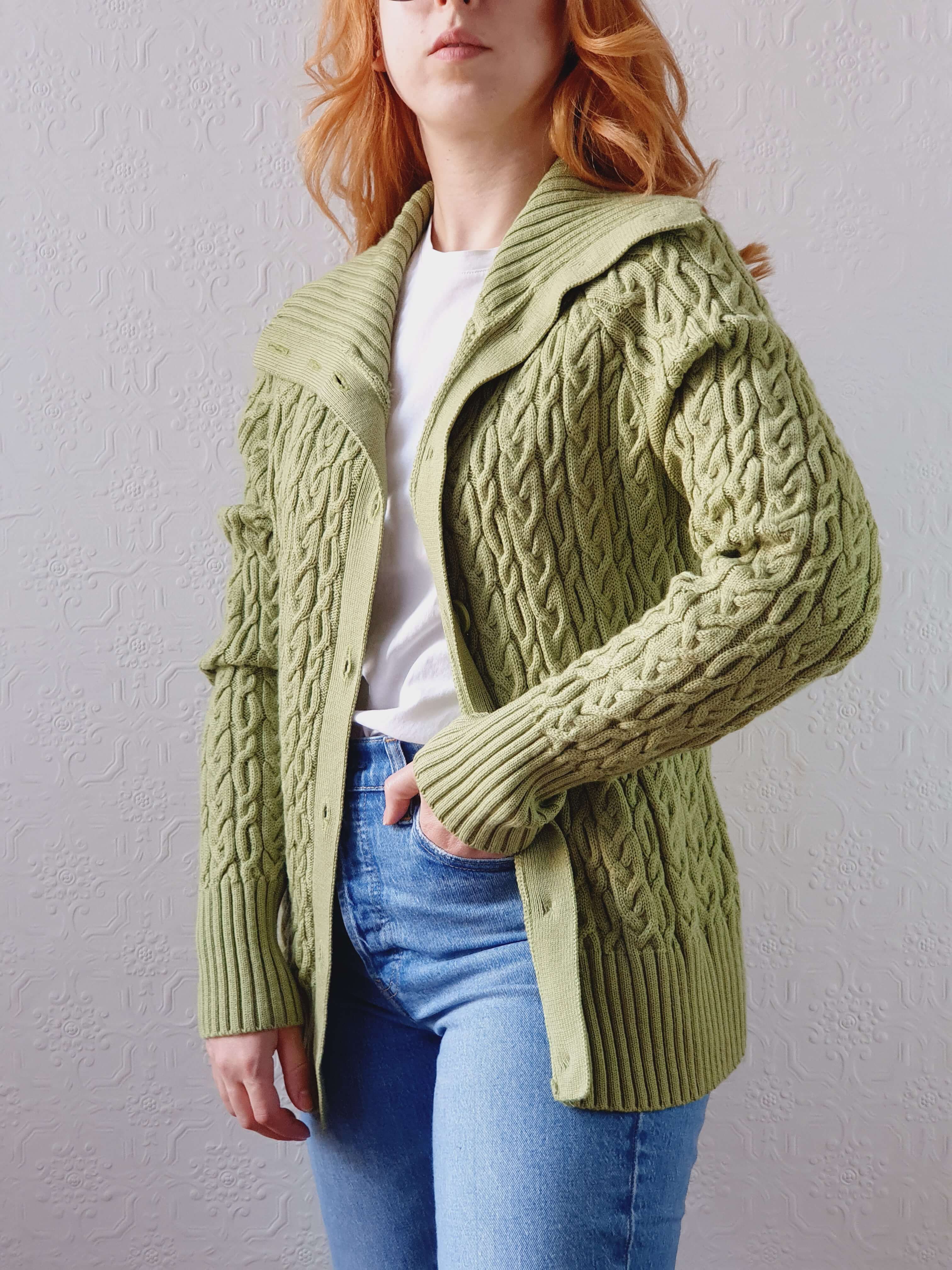 Vintage Bright Green Pure Merino Cable Knit Cardigan - L - Image 3