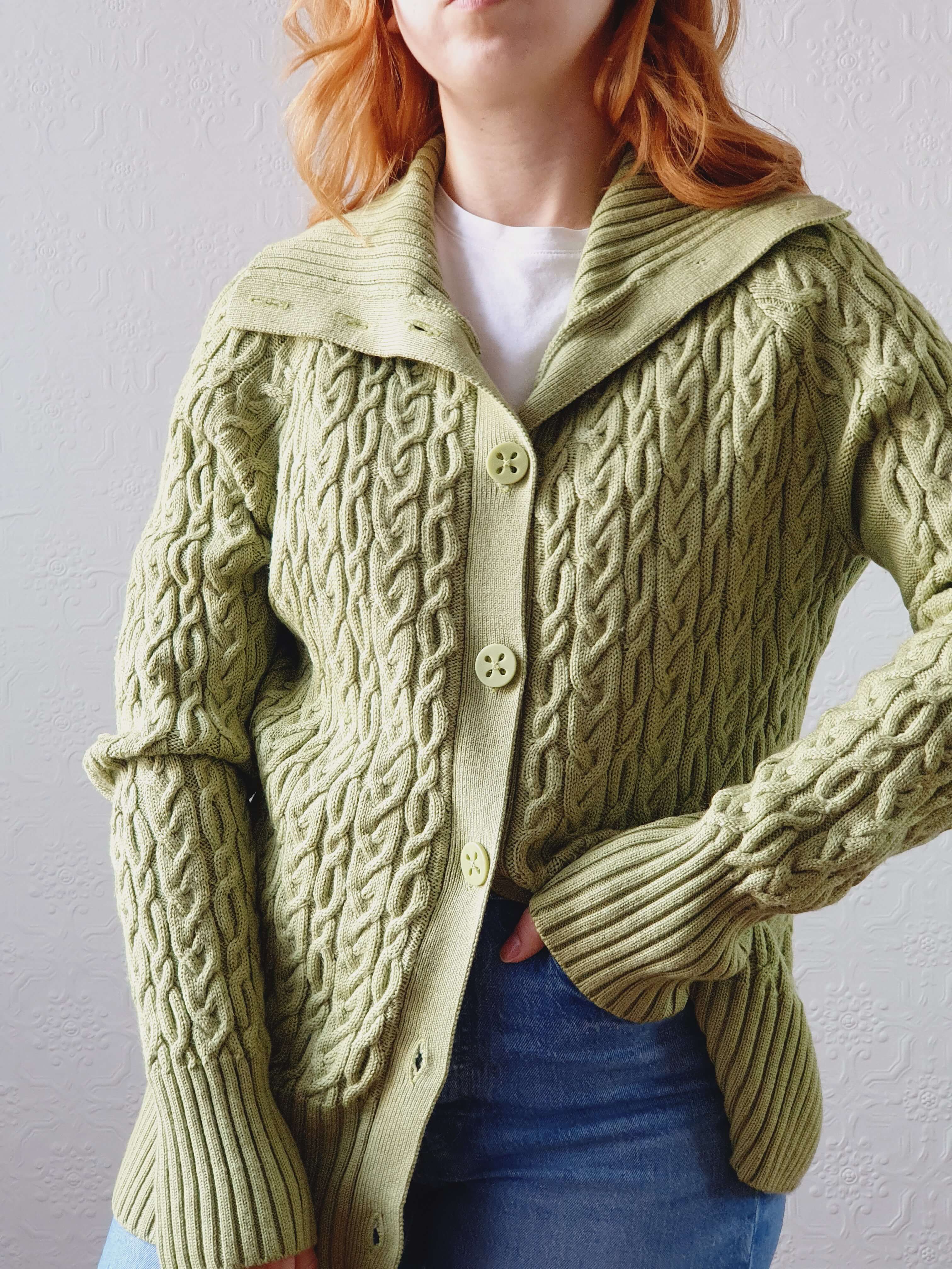 Vintage Bright Green Pure Merino Cable Knit Cardigan - L - Image 4