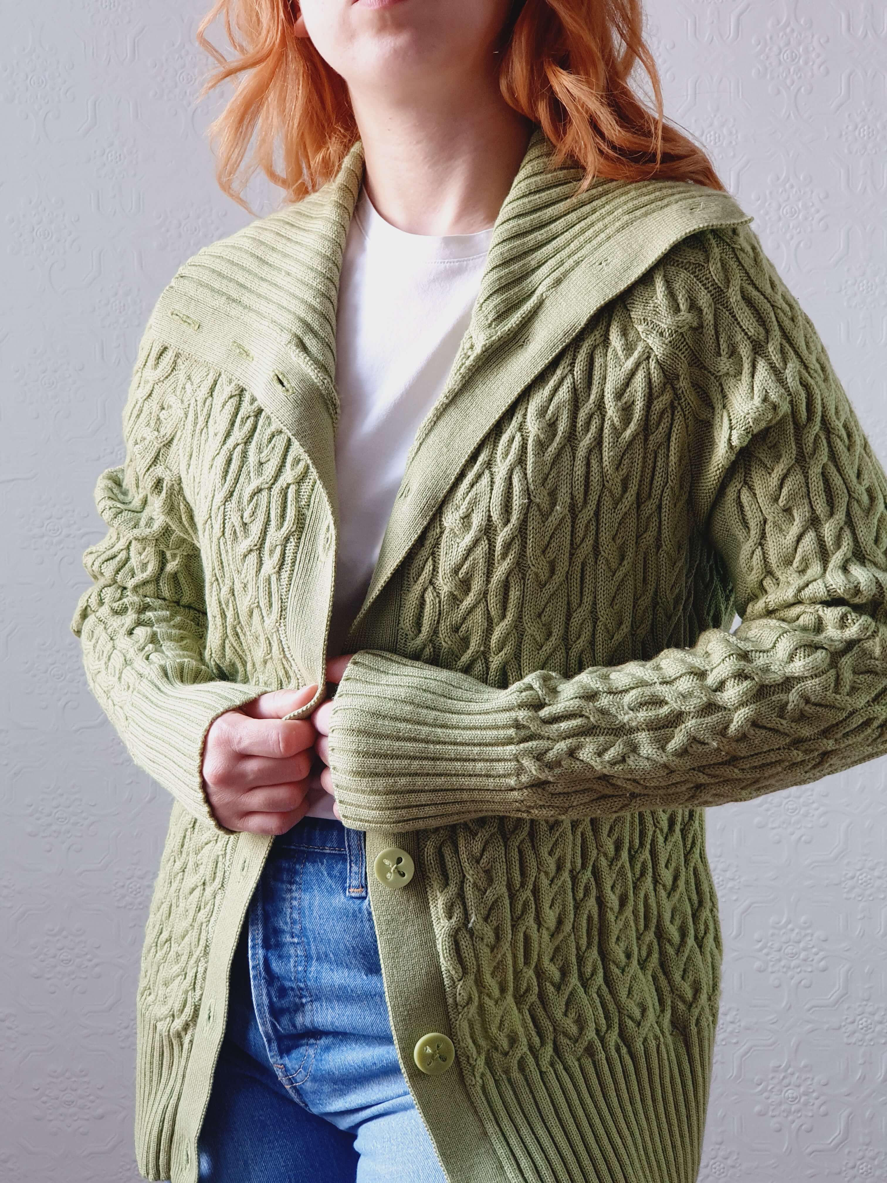Vintage Bright Green Pure Merino Cable Knit Cardigan - L - Image 5