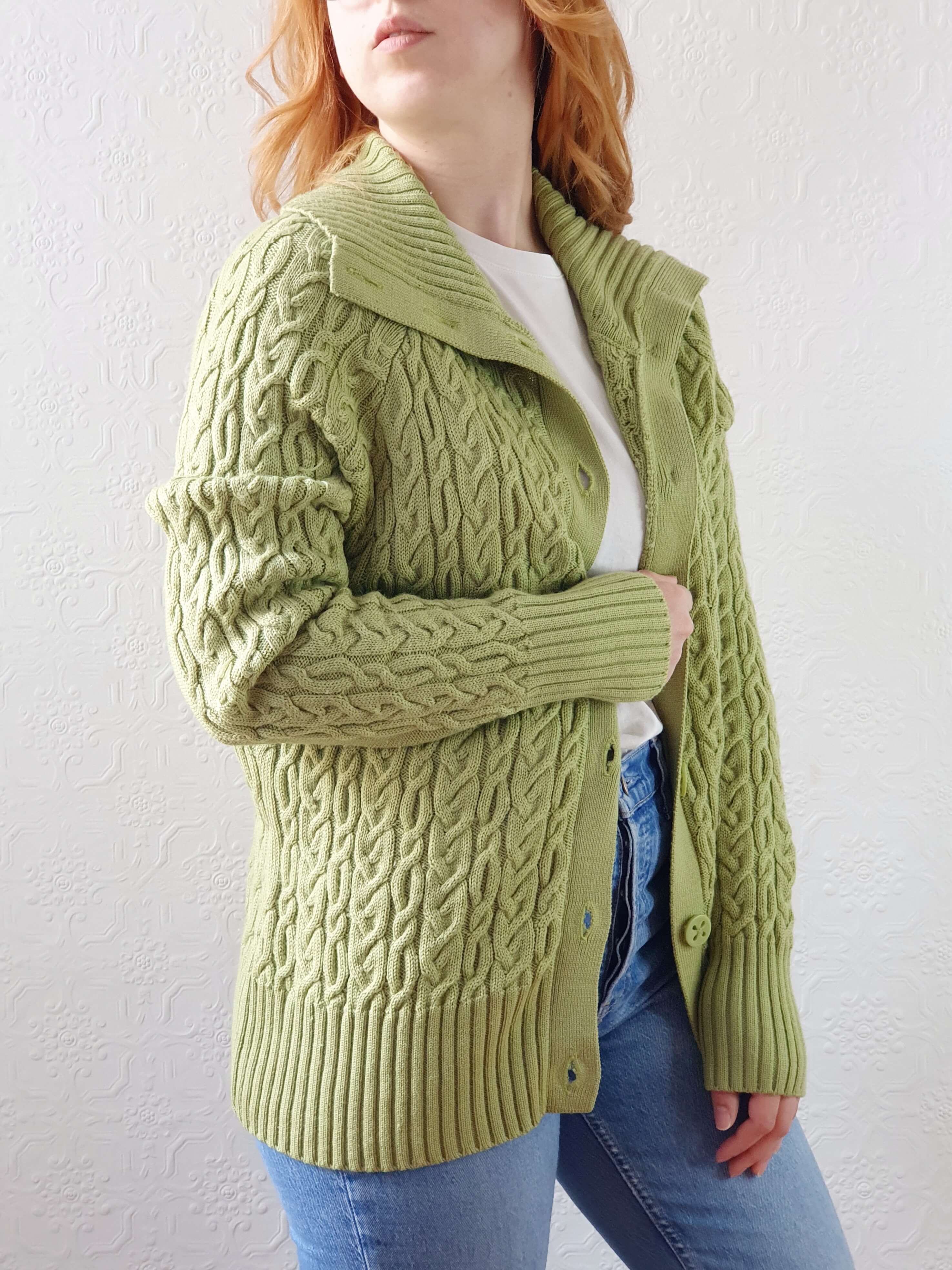 Vintage Bright Green Pure Merino Cable Knit Cardigan - L - Image 6