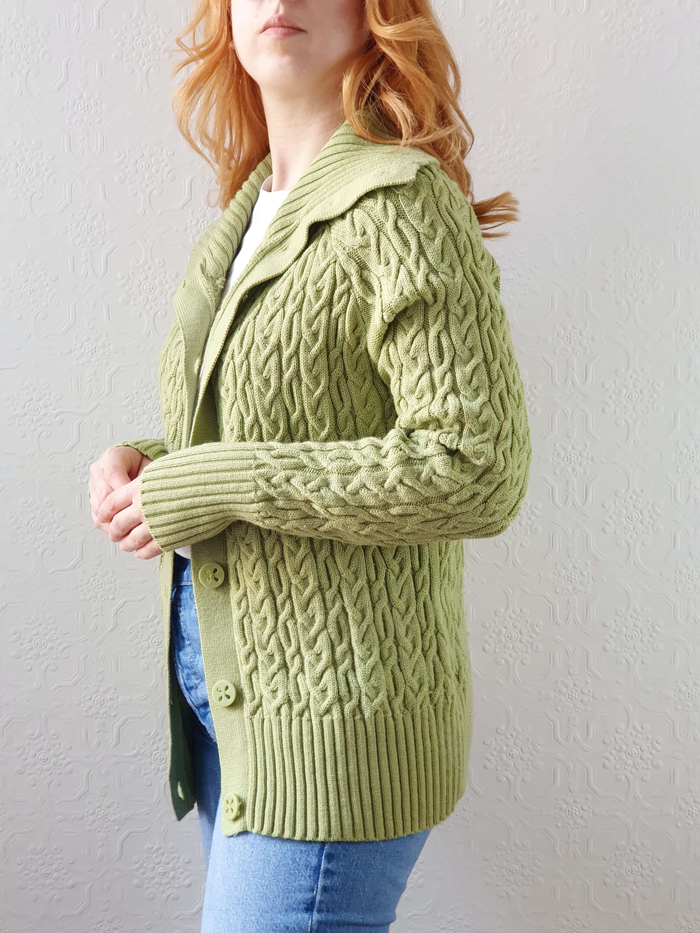 Vintage Bright Green Pure Merino Cable Knit Cardigan - L - Image 7