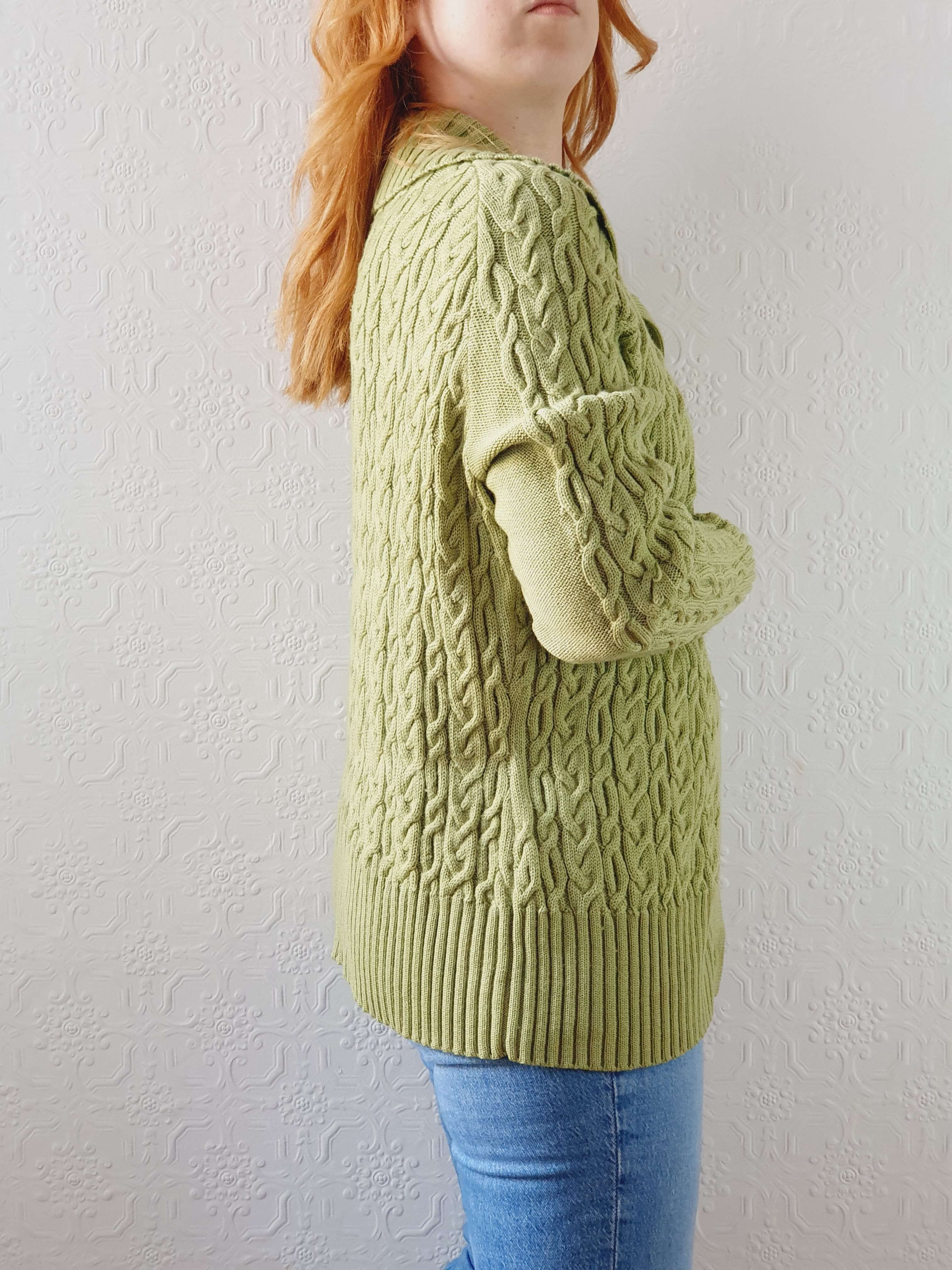 Vintage Bright Green Pure Merino Cable Knit Cardigan - L - Image 8