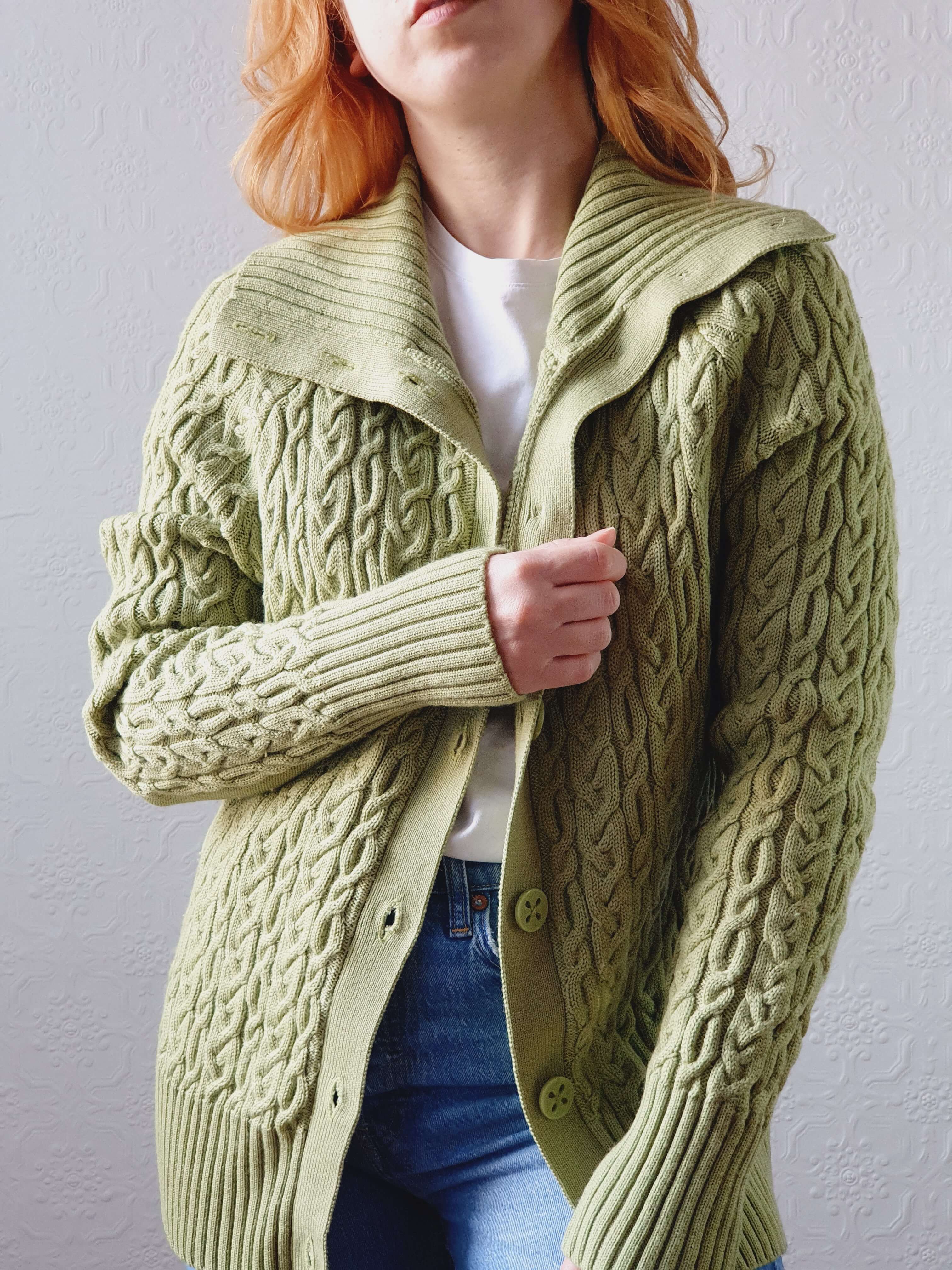 Vintage Bright Green Pure Merino Cable Knit Cardigan - L - Image 9
