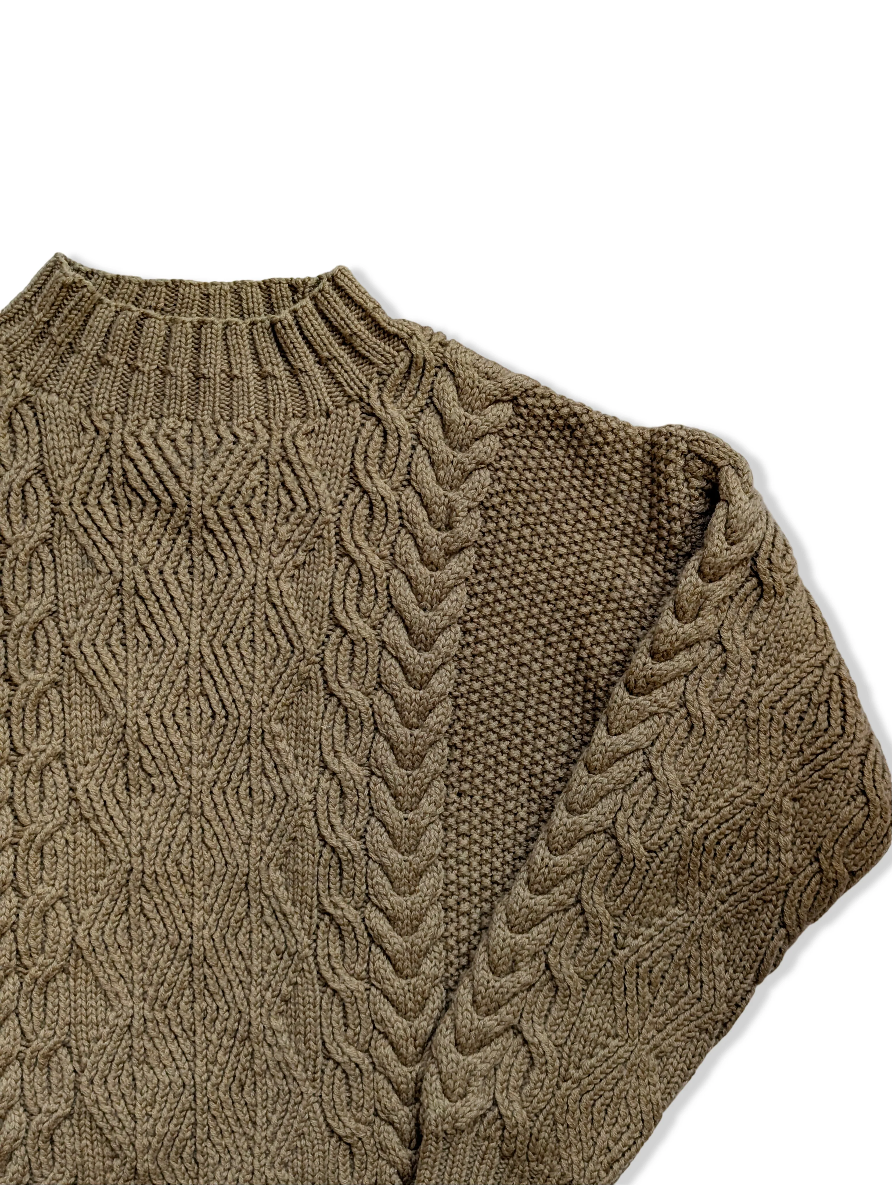 Vintage Brown Pure Wool Cable Knit Aran Jumper - M/L - Image 2