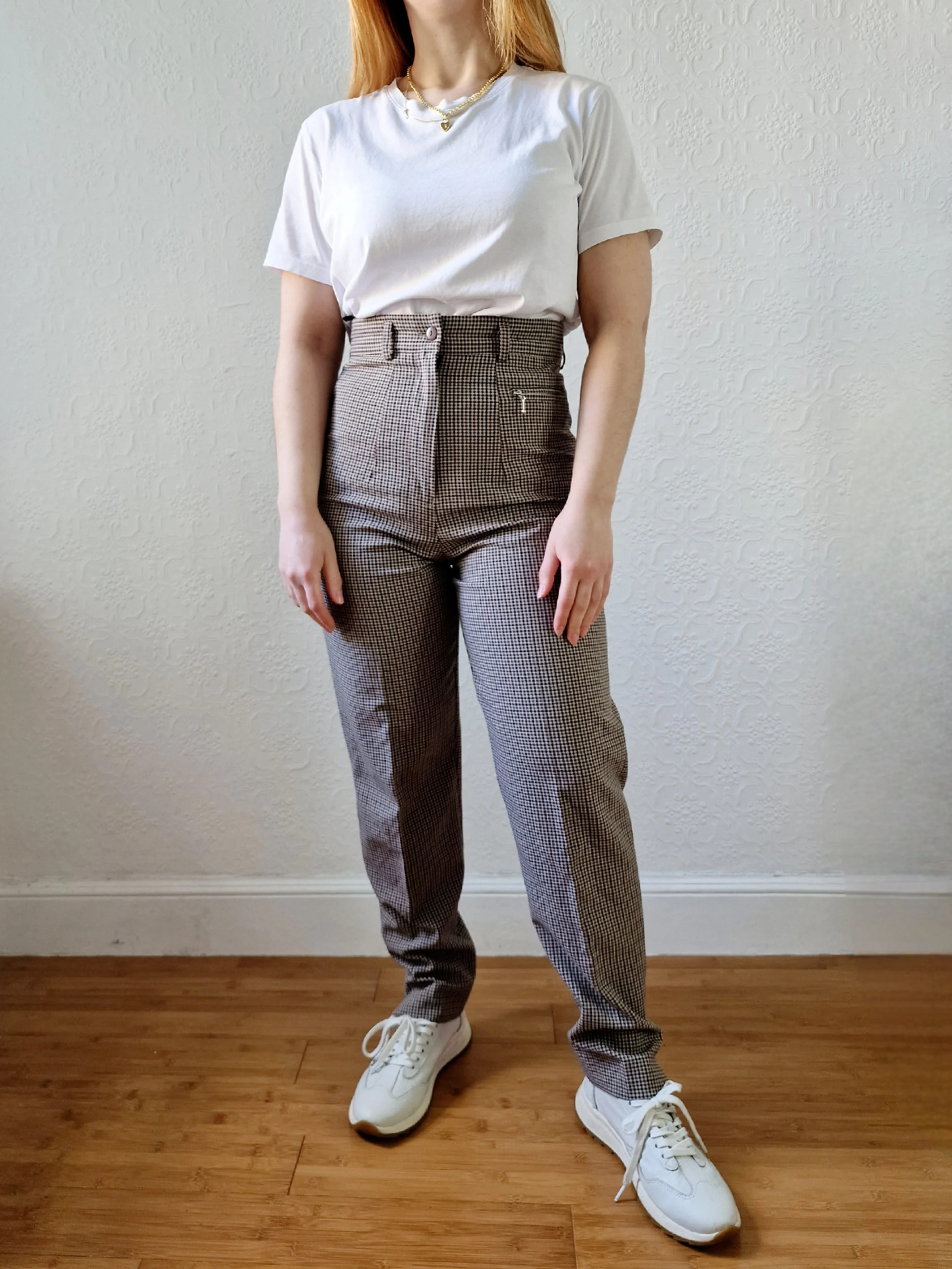 Vintage Brown & Grey Gingham Check High Ultra High Waisted Straight Leg Trousers - XS