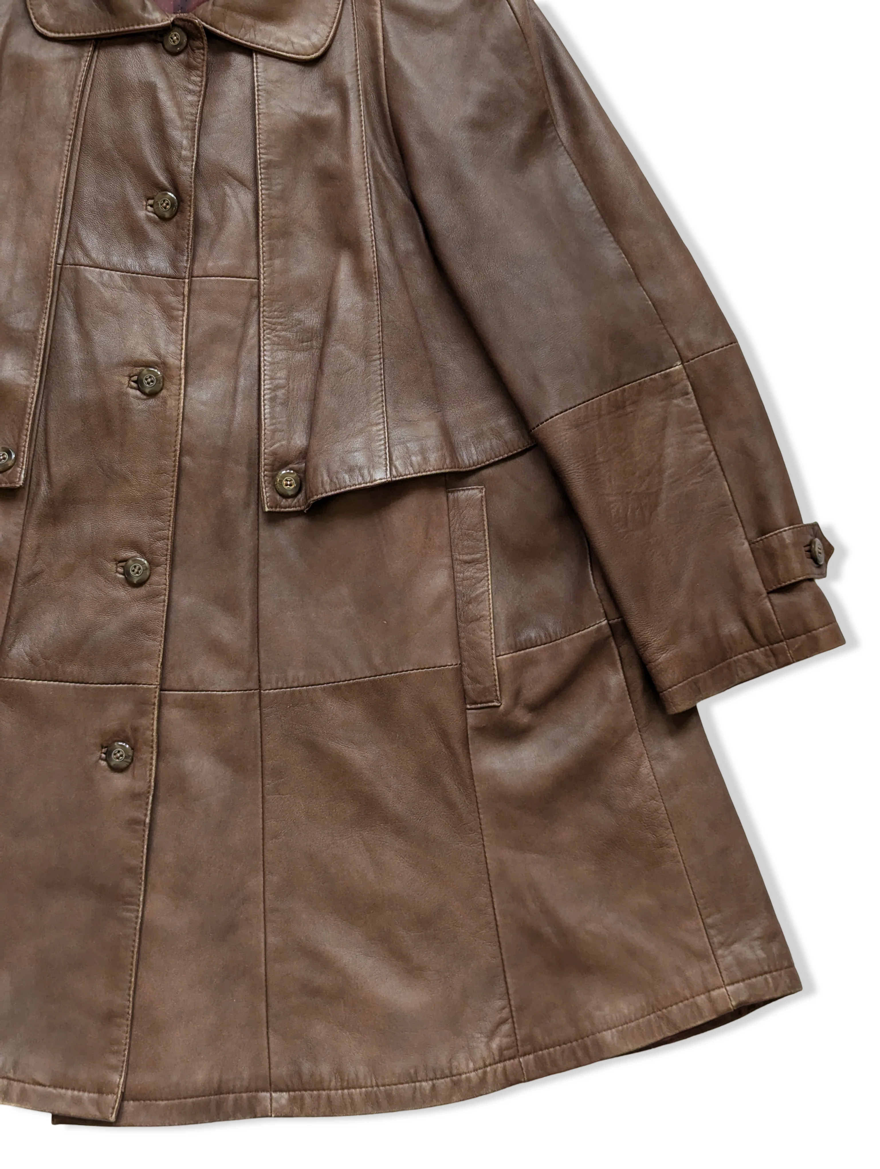 Vintage Brown Leather Long Trench Coat - M - Image 3