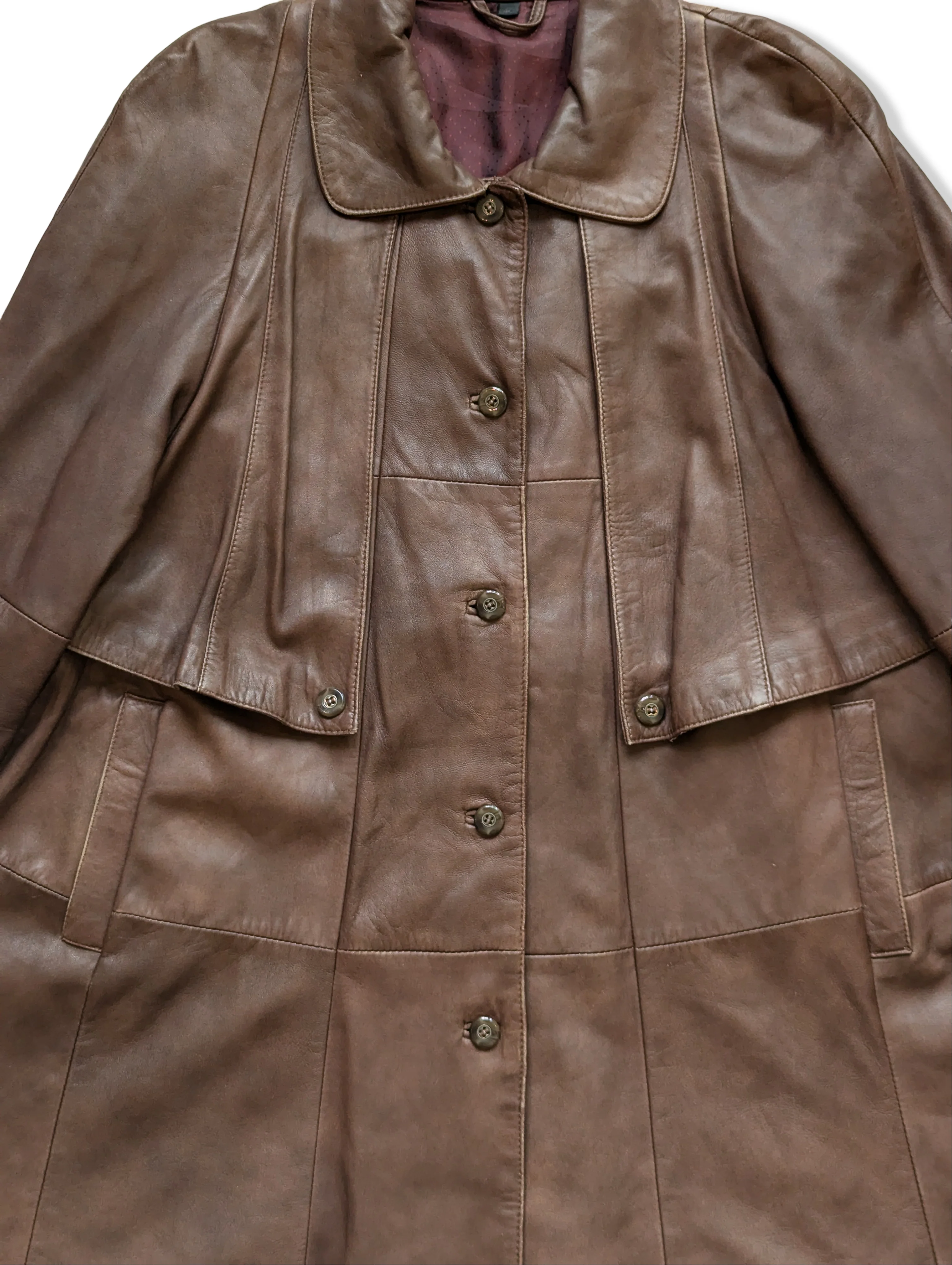 Vintage Brown Leather Long Trench Coat - M - Image 6