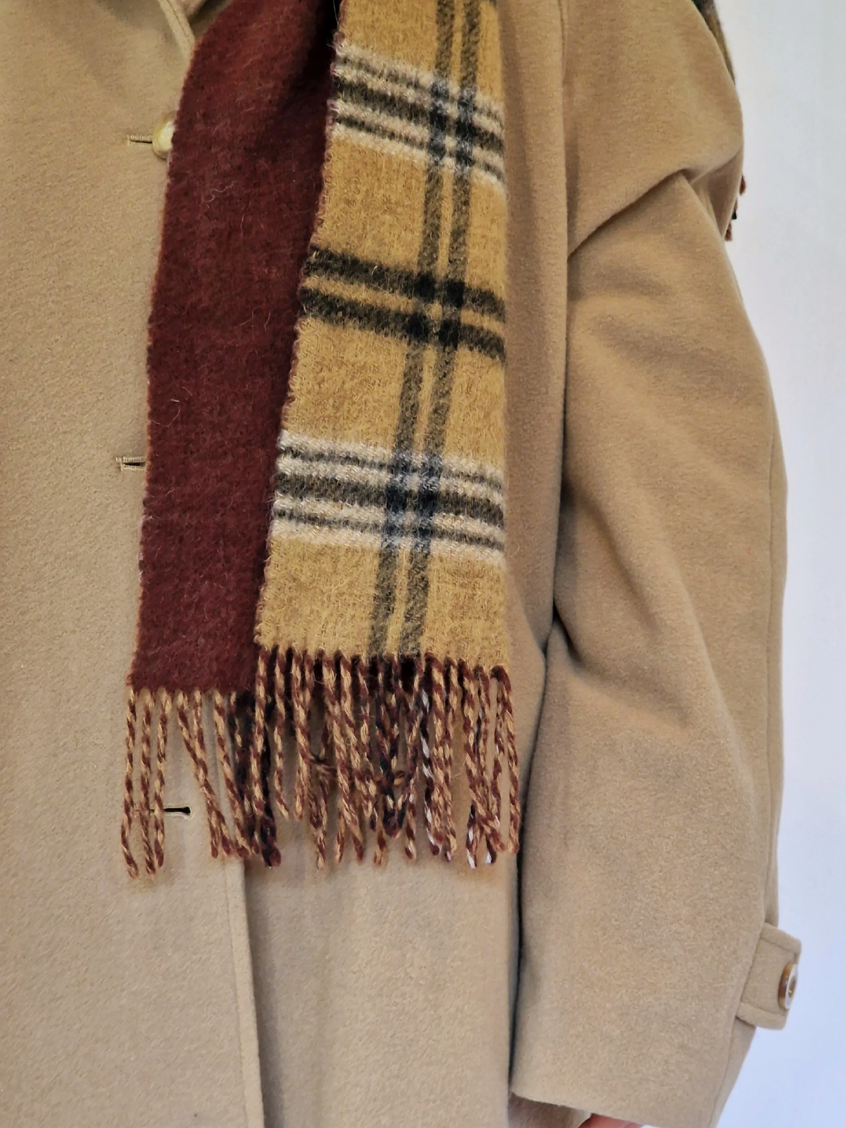 Vintage Burgundy and Camel Checked Wool Scarf - Image 3