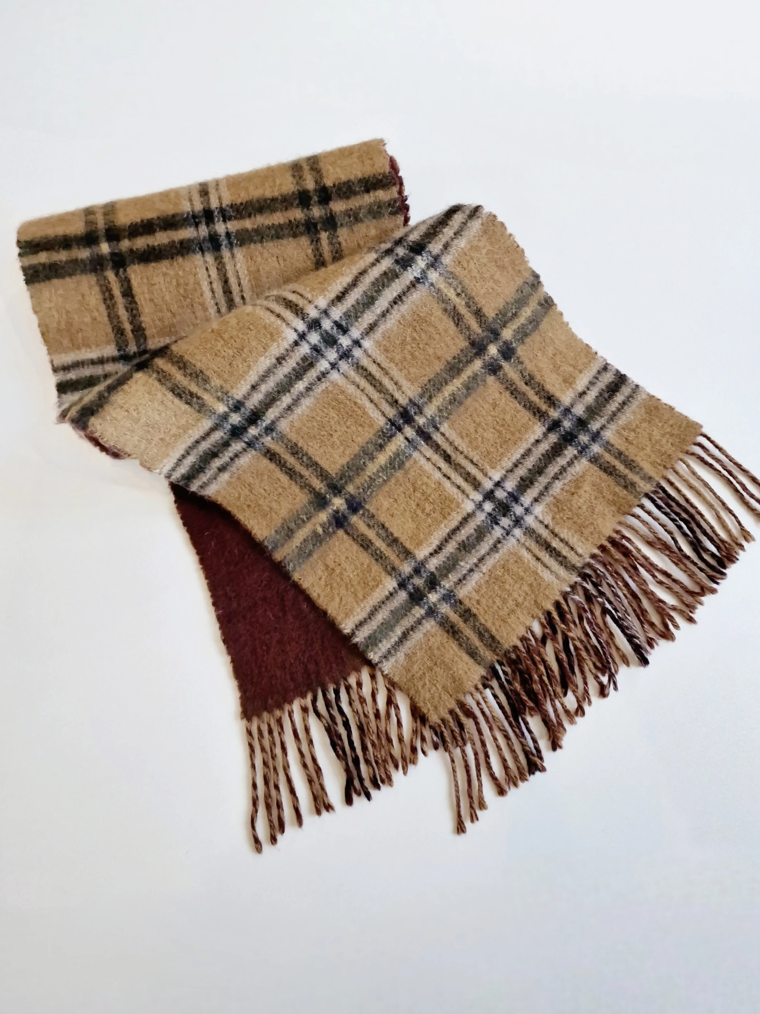 Vintage Burgundy and Camel Checked Wool Scarf - Image 4
