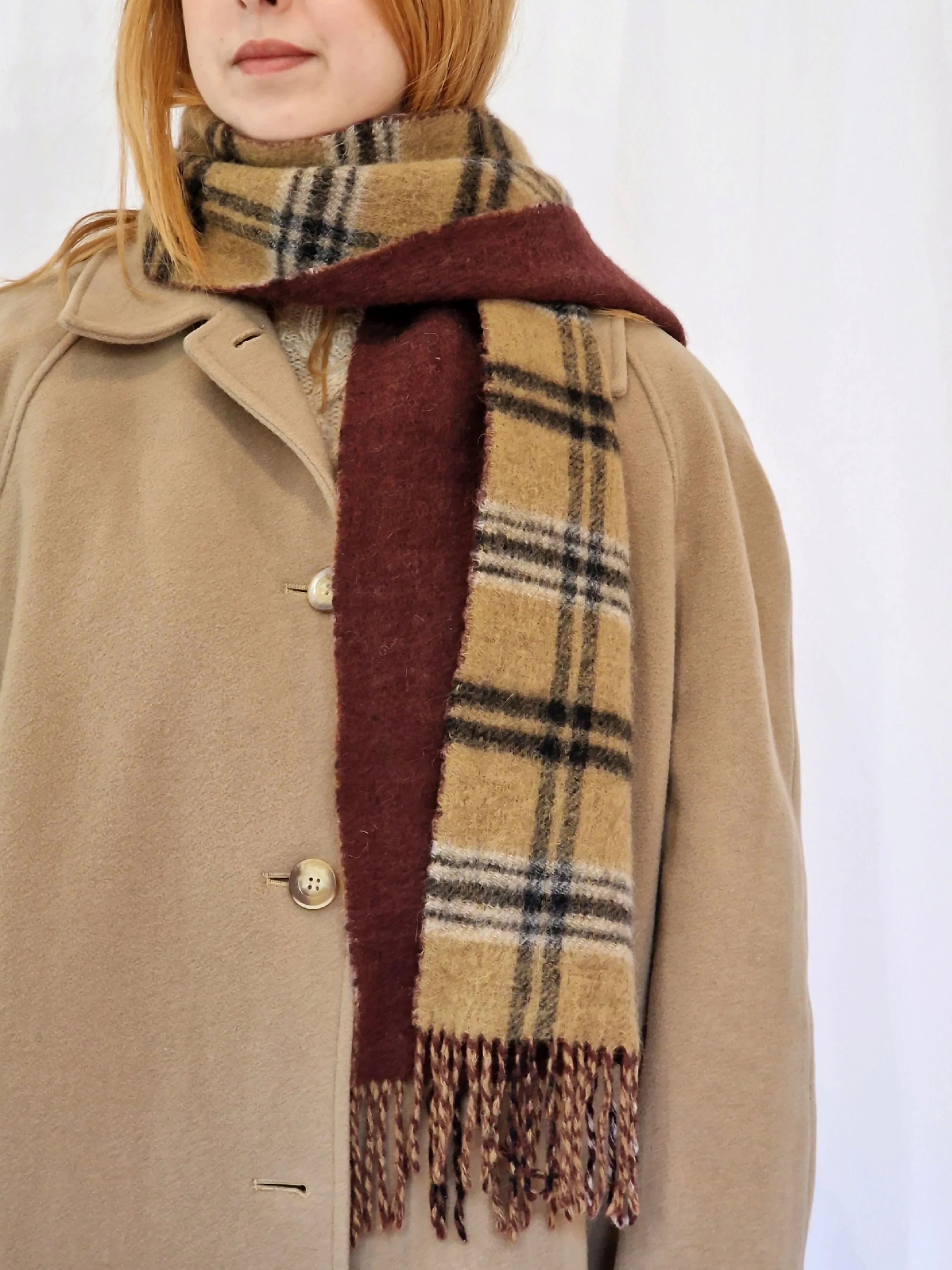 Vintage Burgundy and Camel Checked Wool Scarf - Image 5