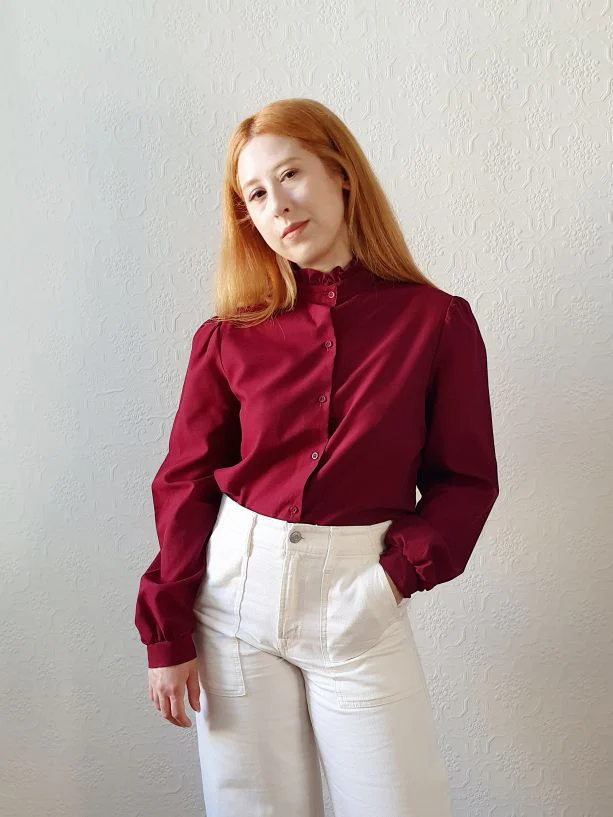Vintage Burgundy Blouse with Removable Collar - L/XL