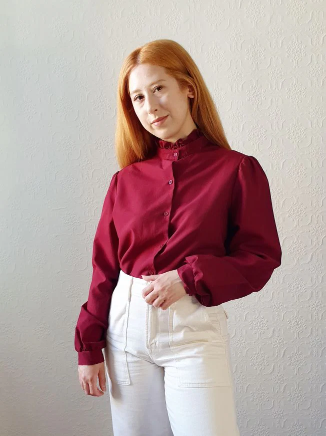 Vintage Burgundy Blouse with Removable Collar - L/XL - Image 2