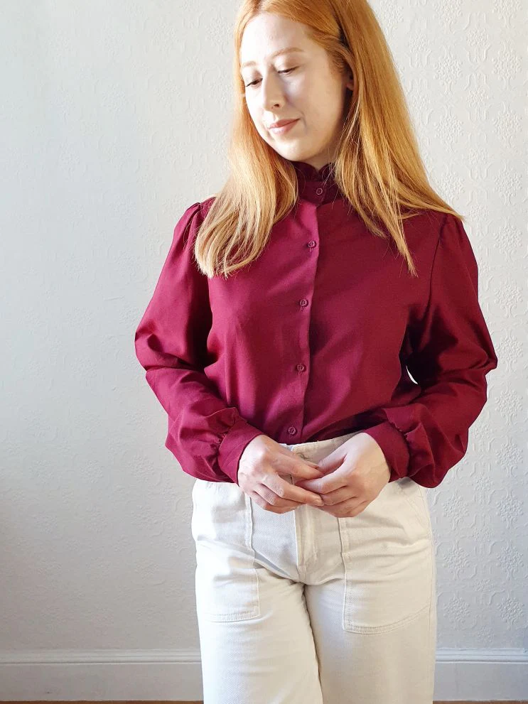 Vintage Burgundy Blouse with Removable Collar - L/XL - Image 3