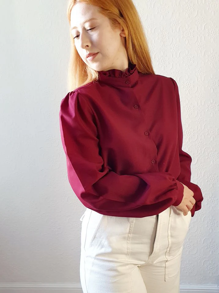 Vintage Burgundy Blouse with Removable Collar - L/XL - Image 6