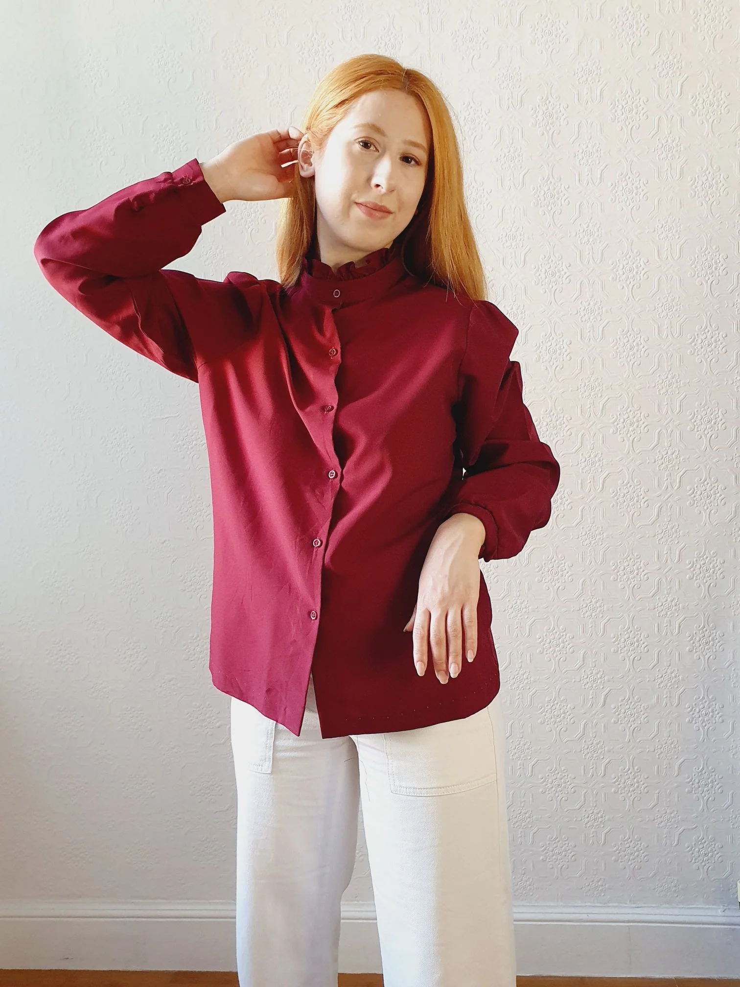 Vintage Burgundy Blouse with Removable Collar - L/XL - Image 7
