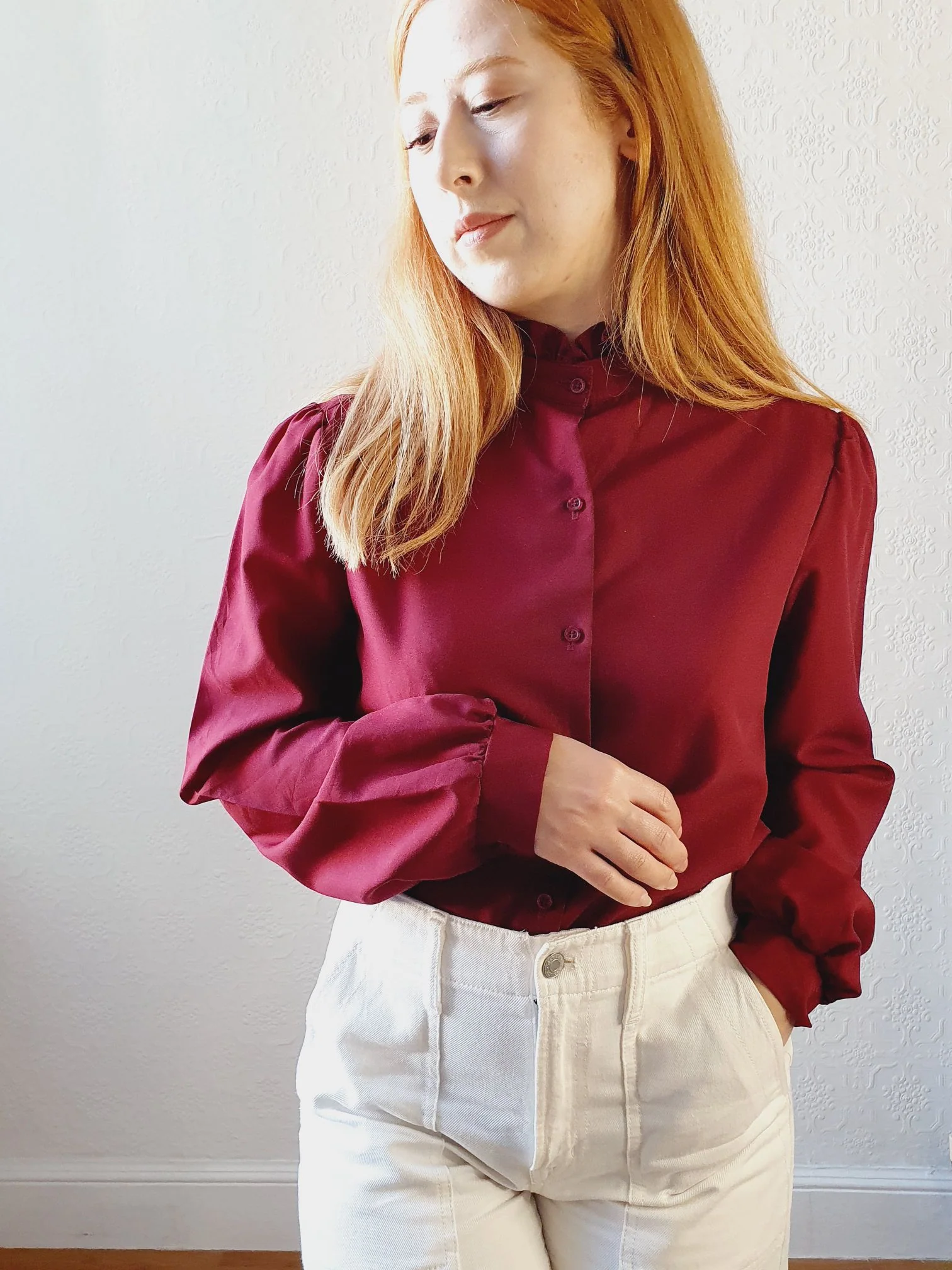 Vintage Burgundy Blouse with Removable Collar - L/XL - Image 8