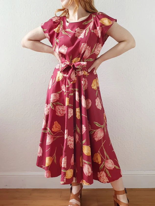 Vintage Burgundy Cap Sleeve Floral Dress - S/M/L