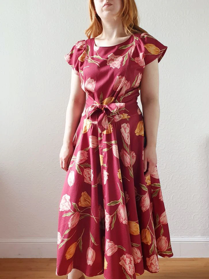 Vintage Burgundy Cap Sleeve Floral Dress - S/M/L - Image 10