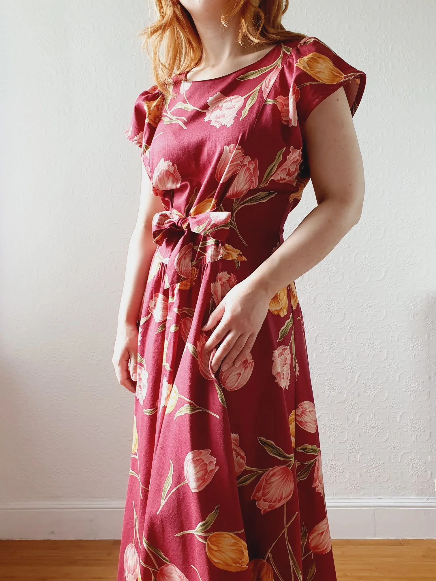 Vintage Burgundy Cap Sleeve Floral Dress - S/M/L - Image 11