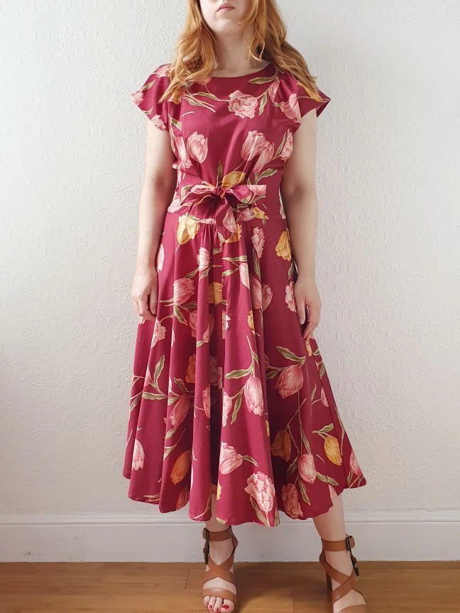 Vintage Burgundy Cap Sleeve Floral Dress - S/M/L - Image 2