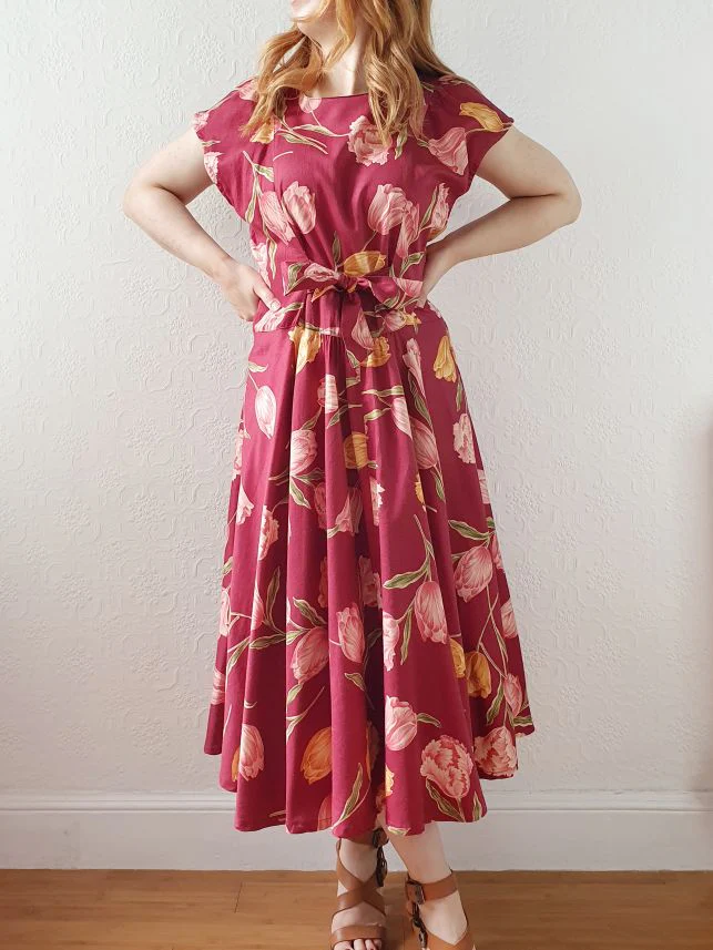 Vintage Burgundy Cap Sleeve Floral Dress - S/M/L - Image 3