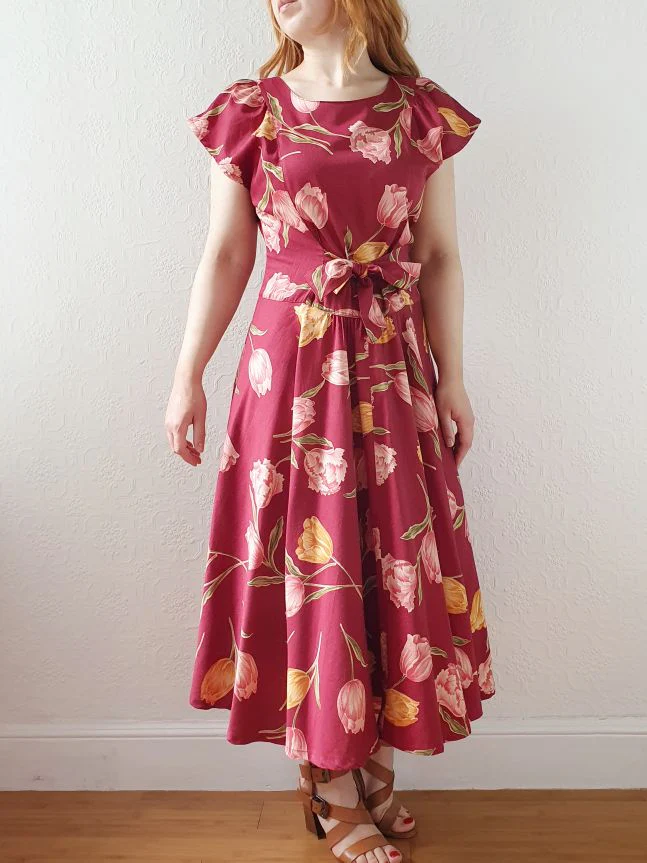 Vintage Burgundy Cap Sleeve Floral Dress - S/M/L - Image 4