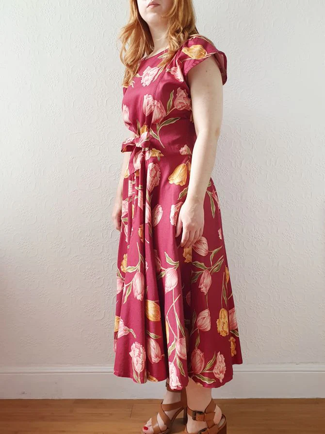 Vintage Burgundy Cap Sleeve Floral Dress - S/M/L - Image 5