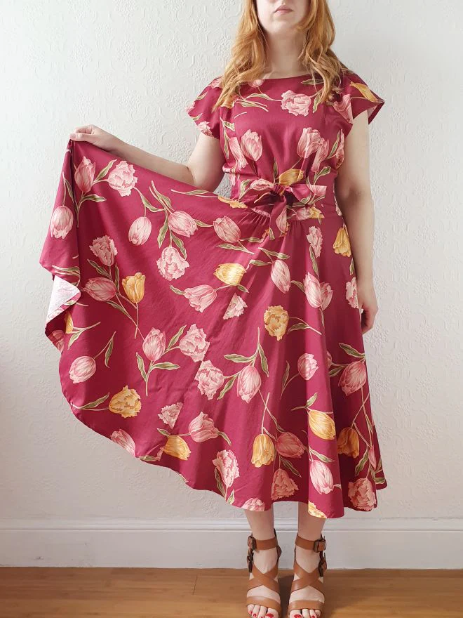 Vintage Burgundy Cap Sleeve Floral Dress - S/M/L - Image 6