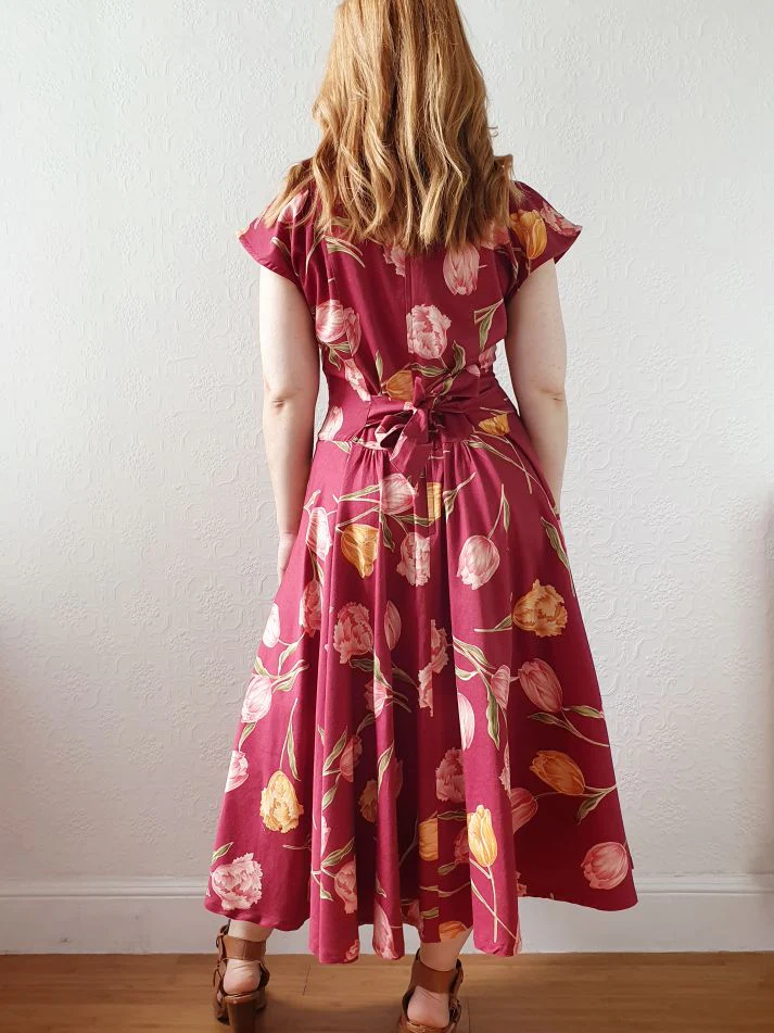 Vintage Burgundy Cap Sleeve Floral Dress - S/M/L - Image 7