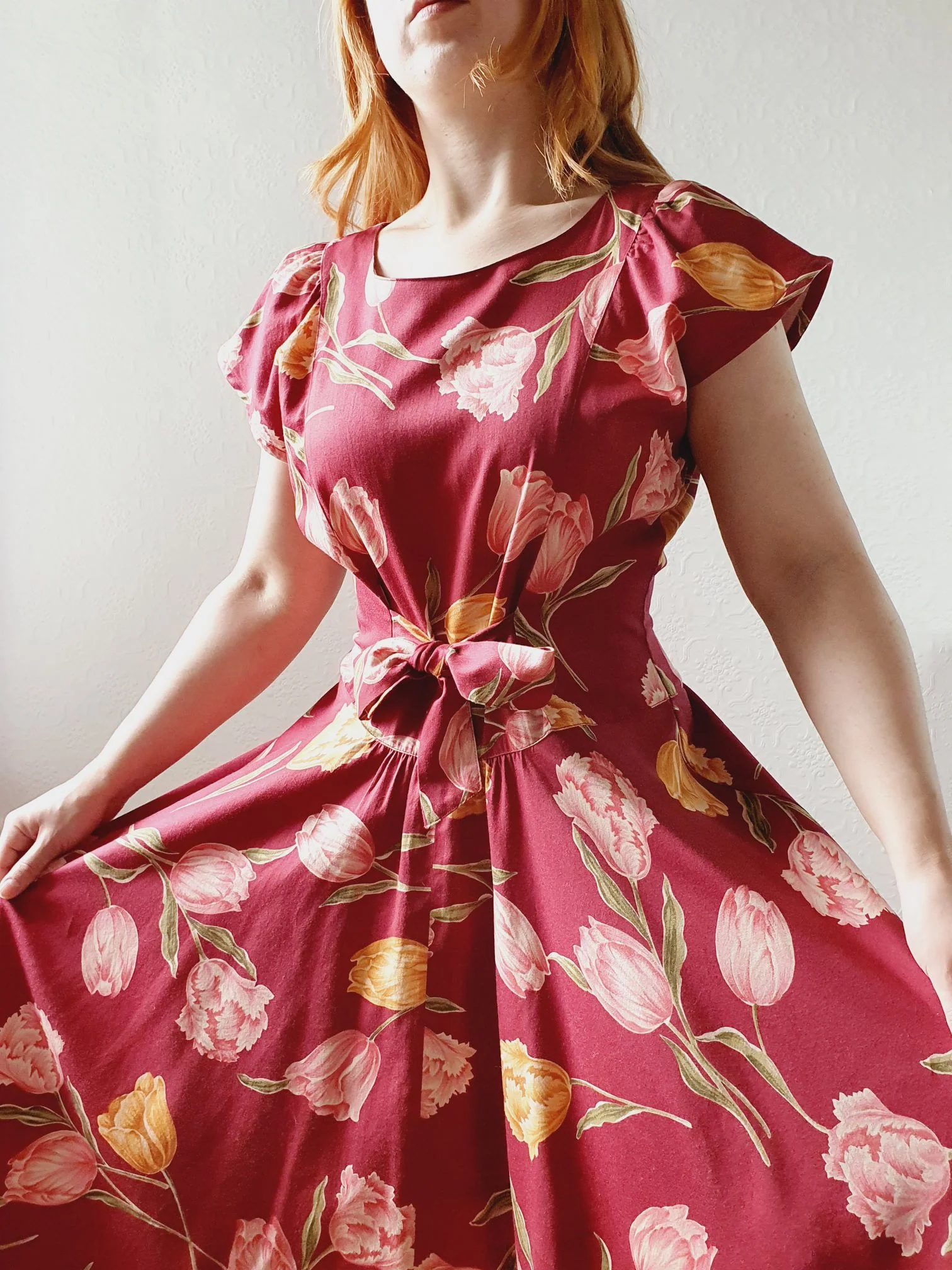 Vintage Burgundy Cap Sleeve Floral Dress - S/M/L - Image 8