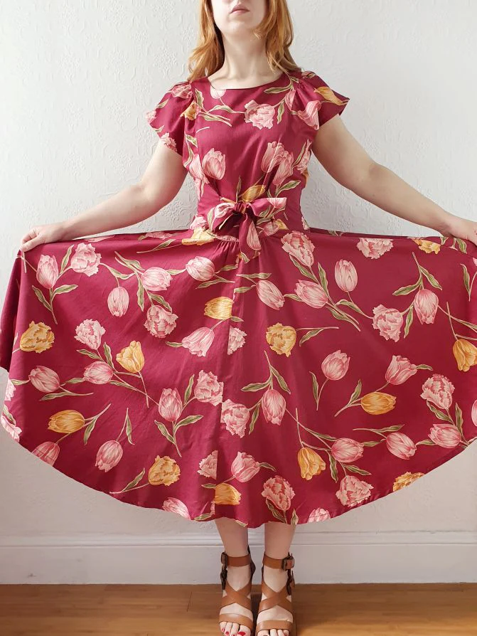 Vintage Burgundy Cap Sleeve Floral Dress - S/M/L - Image 9