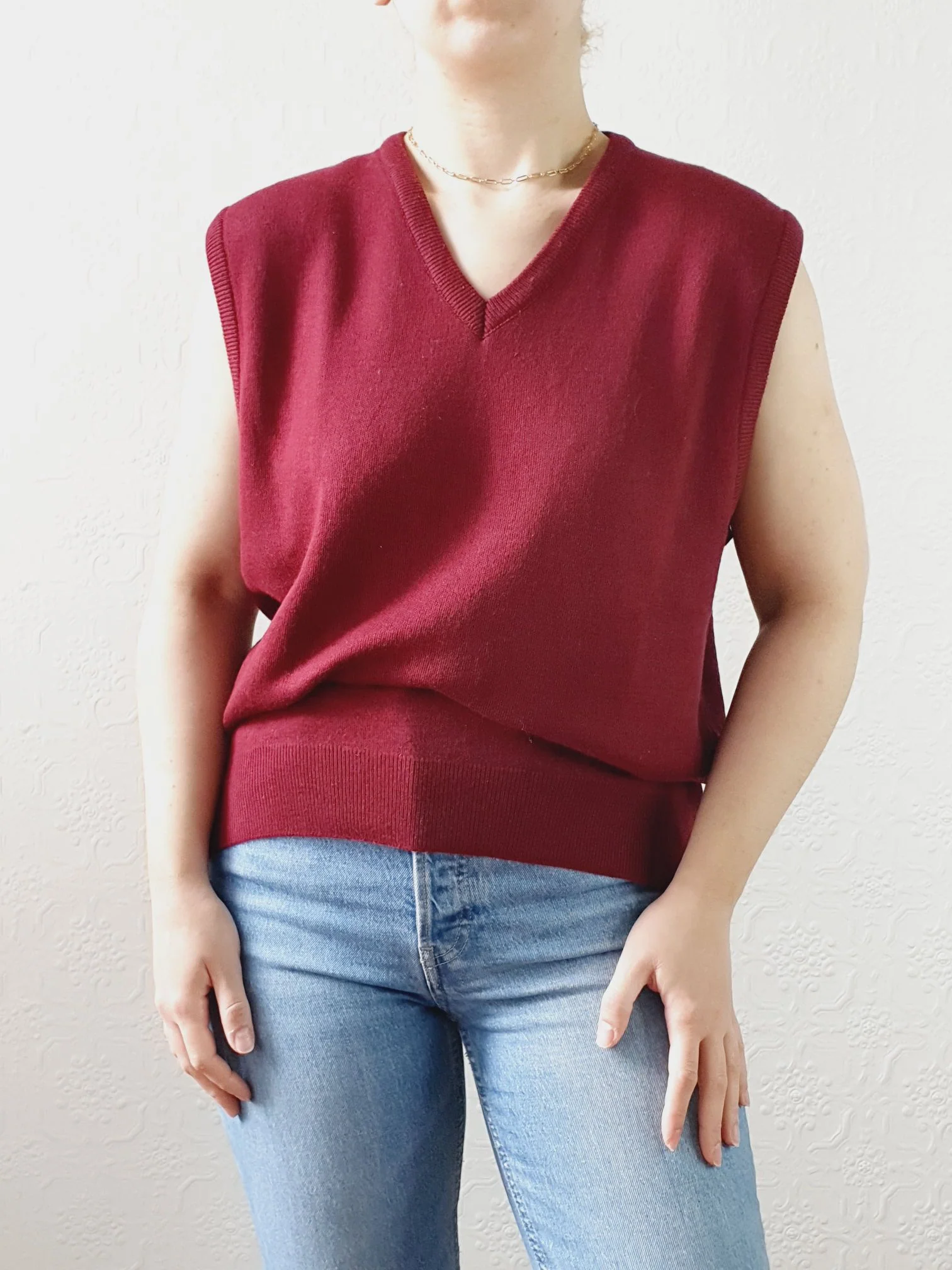 Vintage Burgundy Wool V-Neck Vest - M/L - Image 2