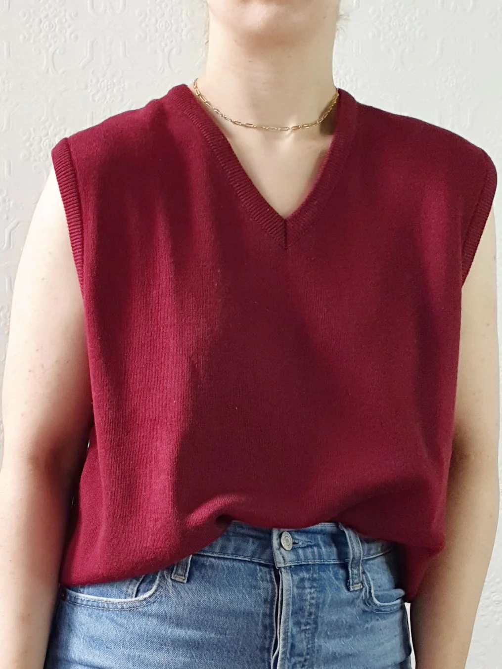 Vintage Burgundy Wool V-Neck Vest - M/L - Image 3