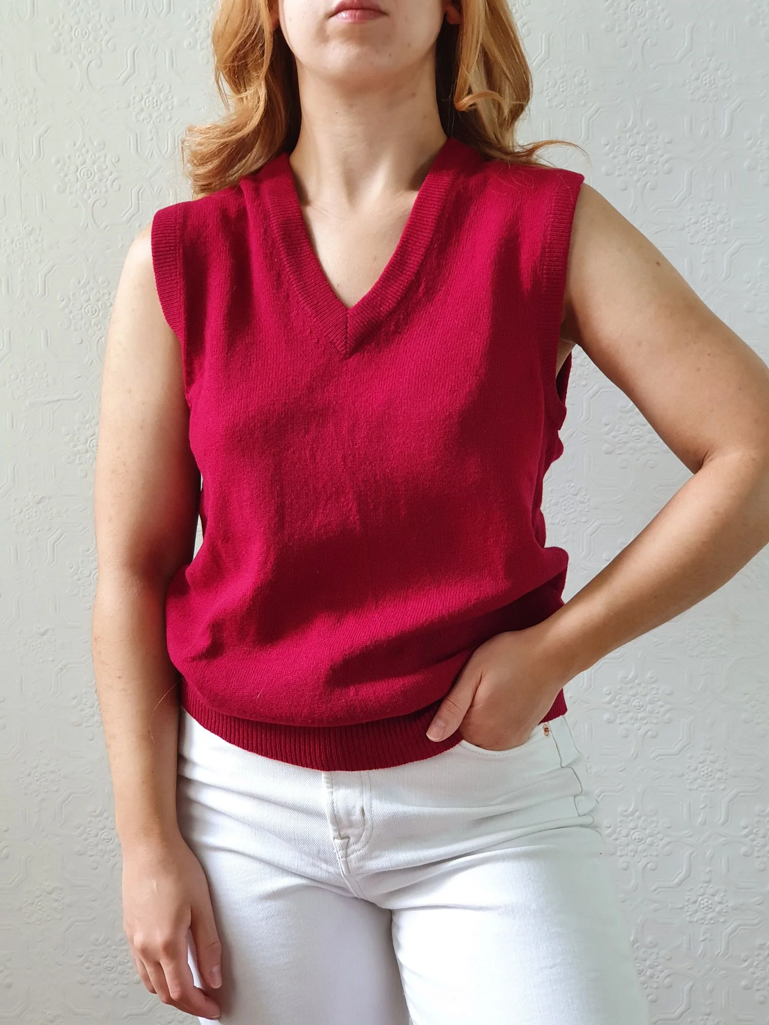 Vintage Burgundy Wool V-Neck Vest - S/M - Image 2