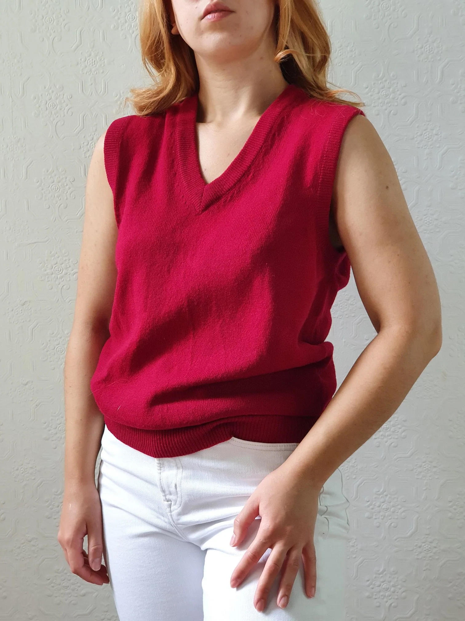 Vintage Burgundy Wool V-Neck Vest - S/M - Image 3