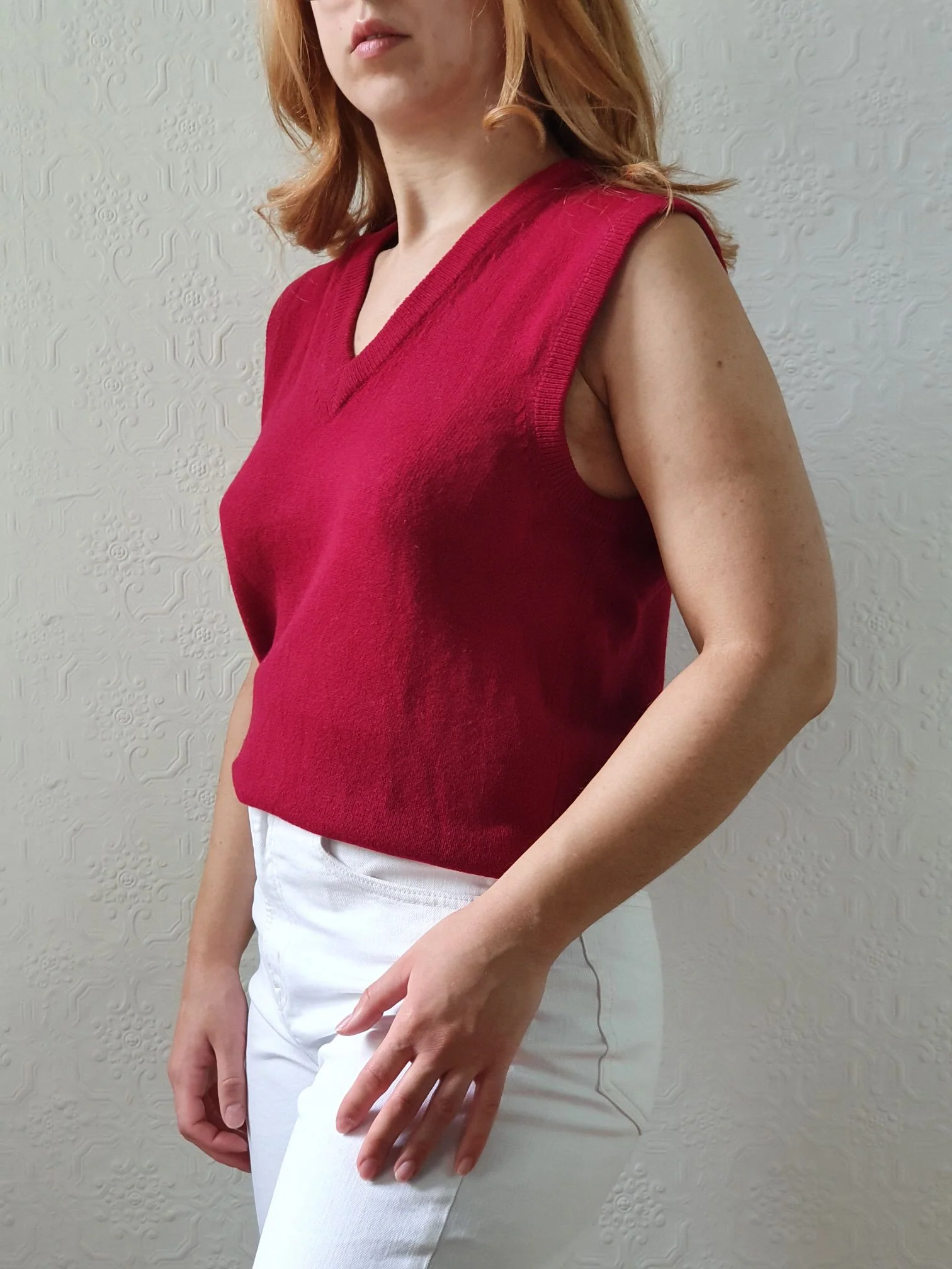 Vintage Burgundy Wool V-Neck Vest - S/M - Image 4