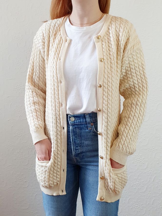 Vintage Cable Knit Cardigan - S/M - Image 3