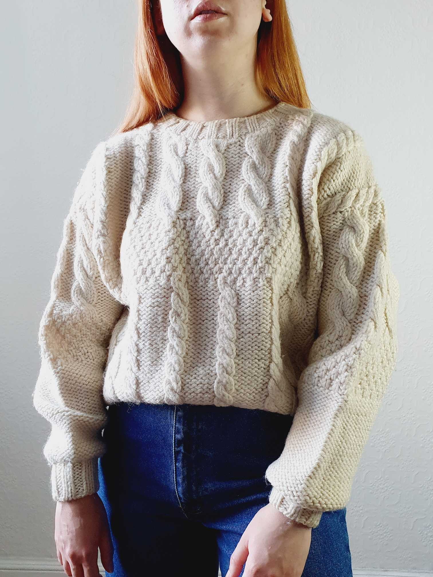 Vintage Cable Knit Cream Wool Arran Style Jumper - S/M/L