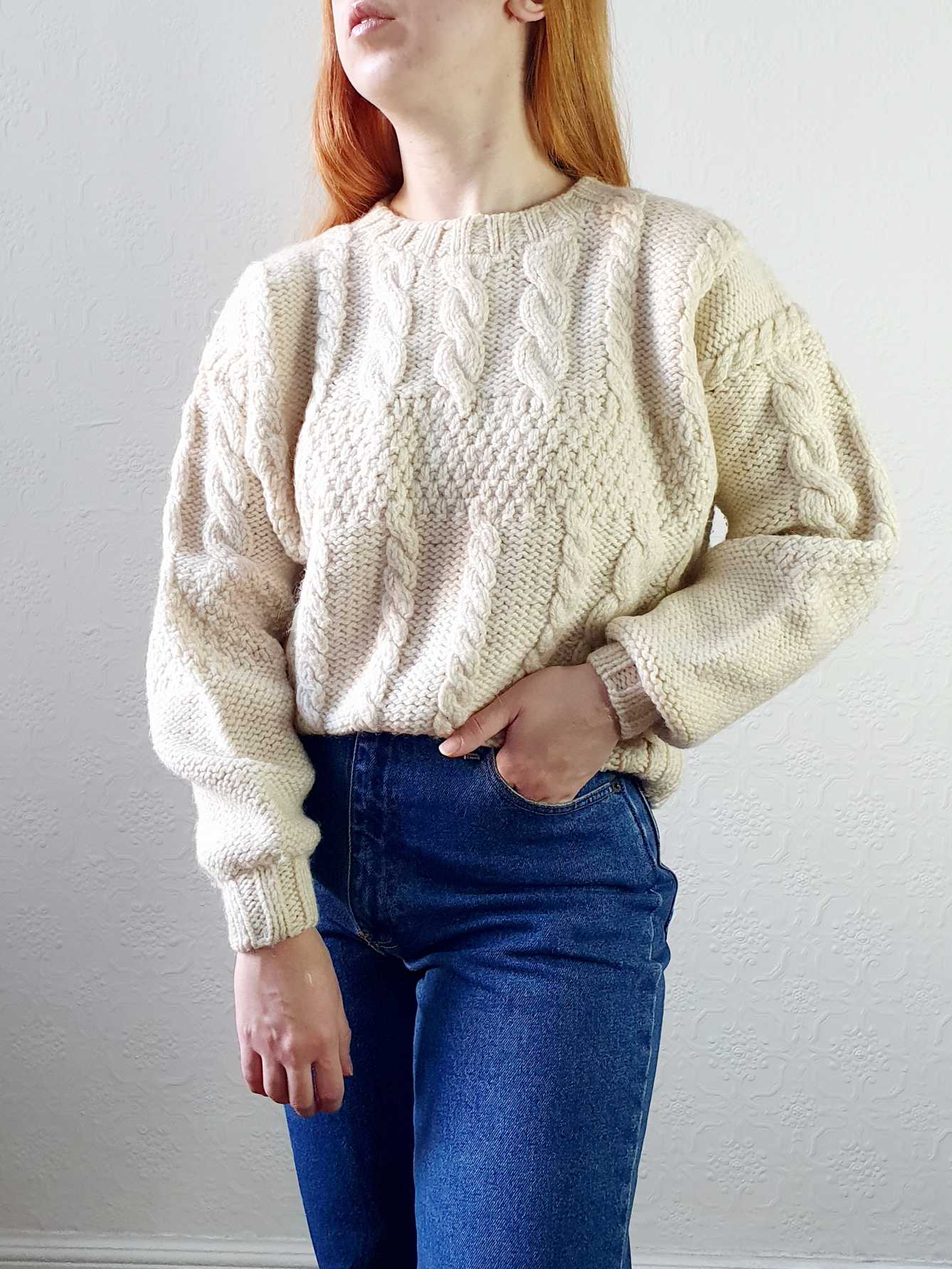 Vintage Cable Knit Cream Wool Arran Style Jumper - S/M/L - Image 4